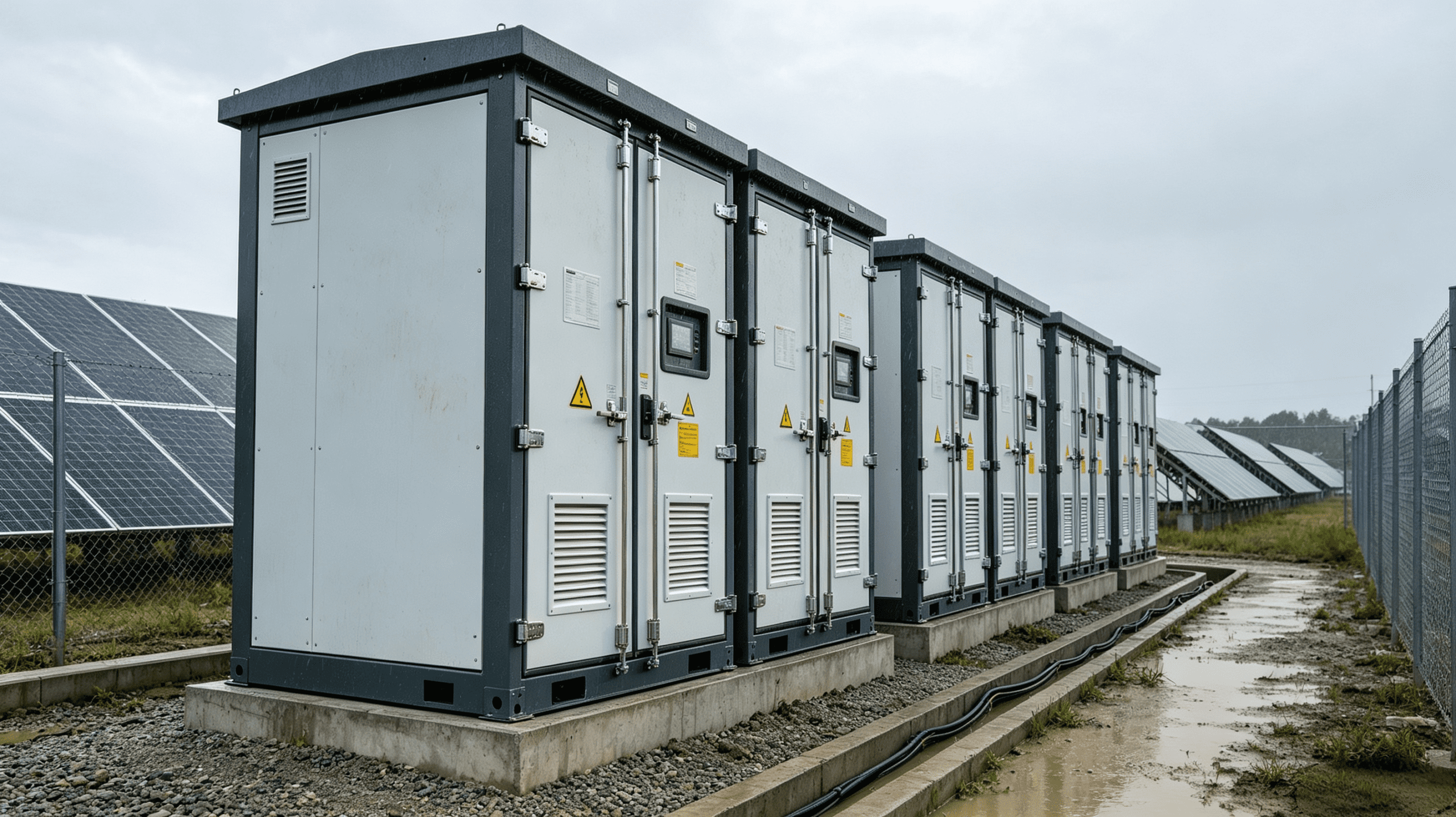 Angled 3/4 exterior view of finished modular energy storage battery cabinet