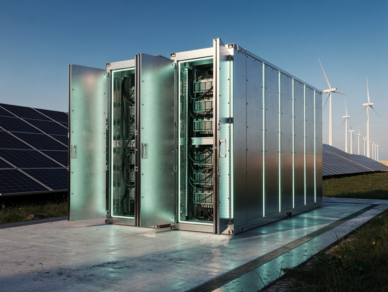 Outdoor IP65 custom fabricated lithium ion battery cabinet installed in commercial solar energy storage facility