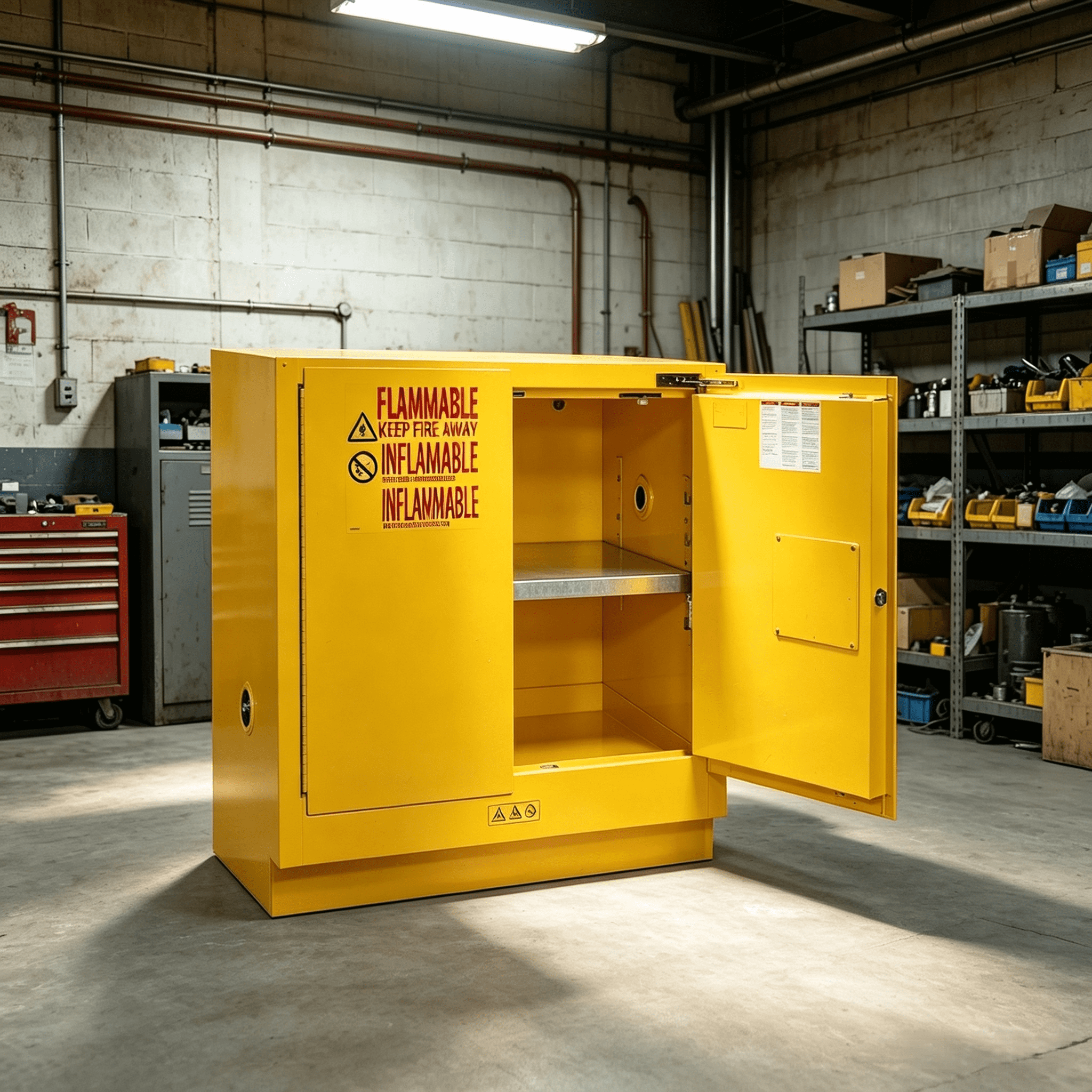 Interior view showing integrated spill containment sump and galvanized shelving