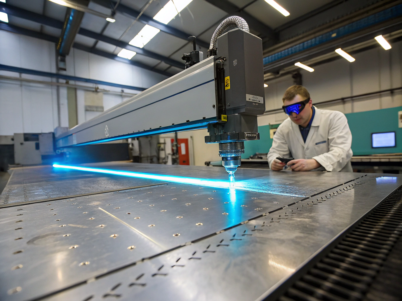 Industrial CNC fiber laser cutting sheet metal with precision beams