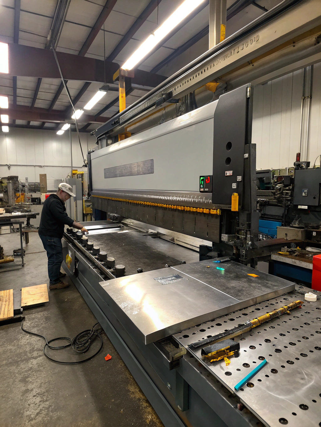 CNC panel bender forming an enclosure panel in the sheet metal contract manufacturing facility