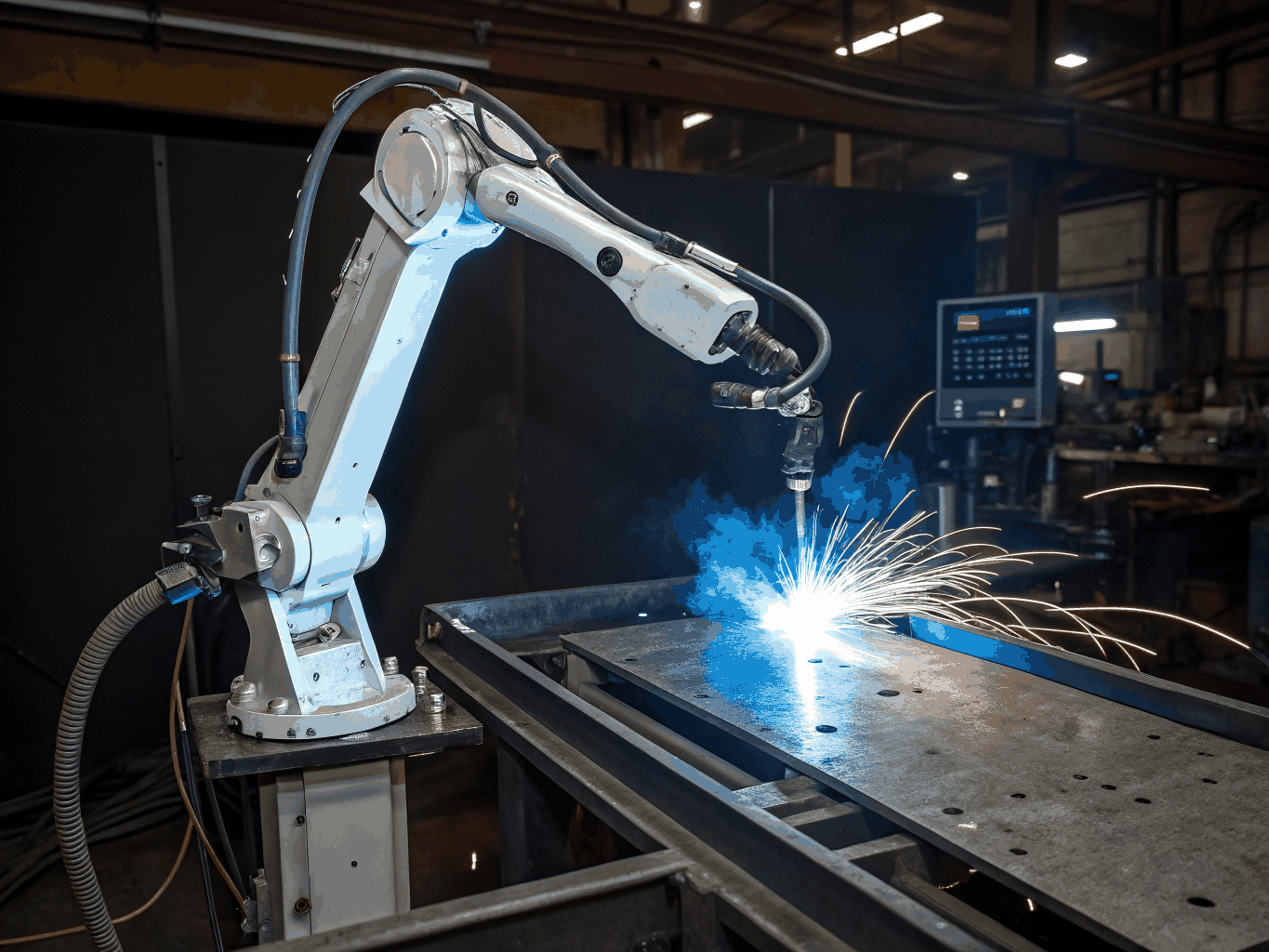Close-up of robotic welding process on a custom sheet metal frame