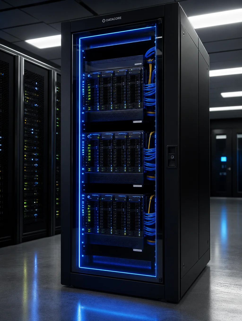 Engineered 42U server rack cabinet enclosure in modern enterprise data center facility