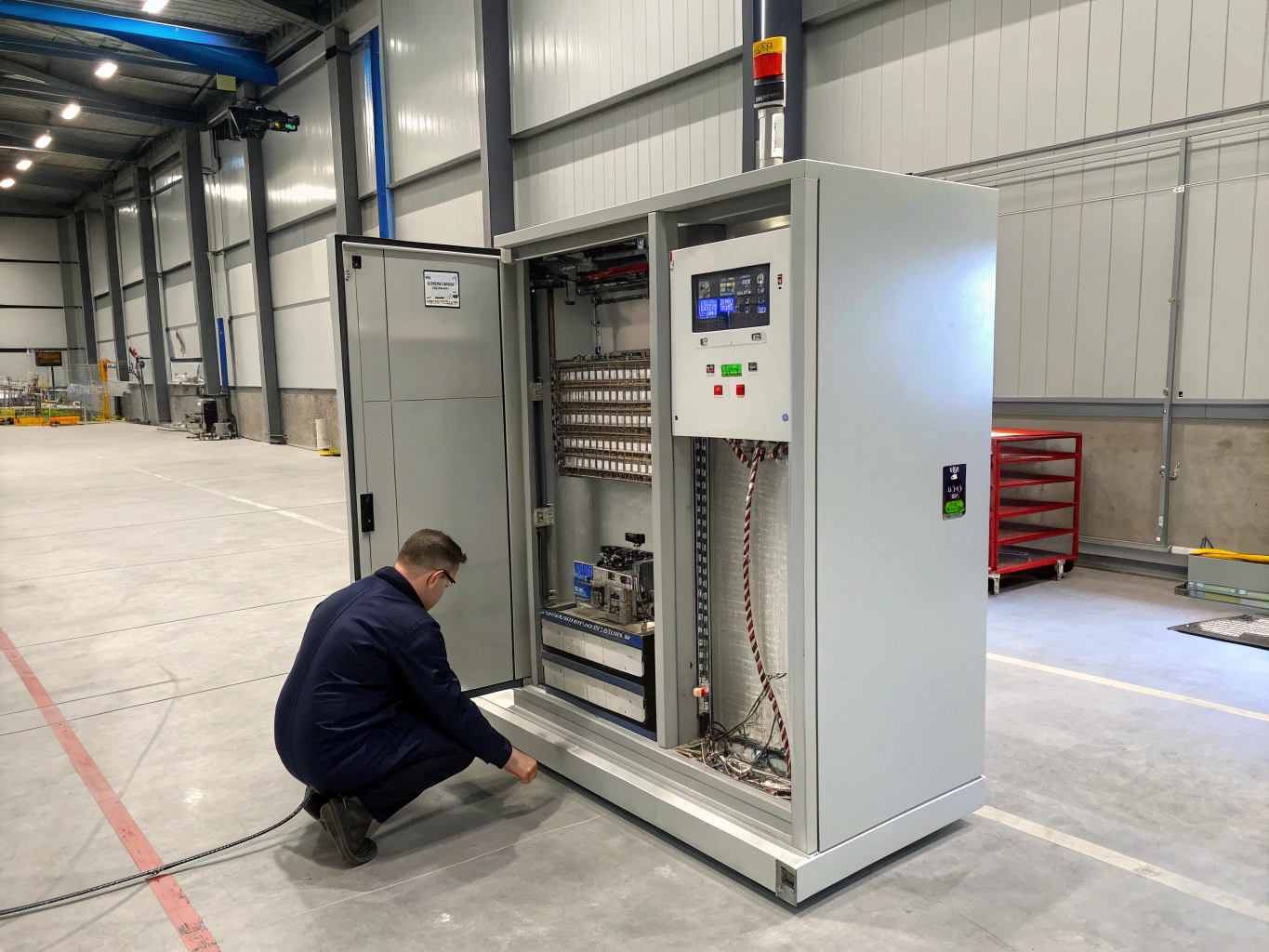 Technician performing factory electrical pre-wiring on metal cabinet