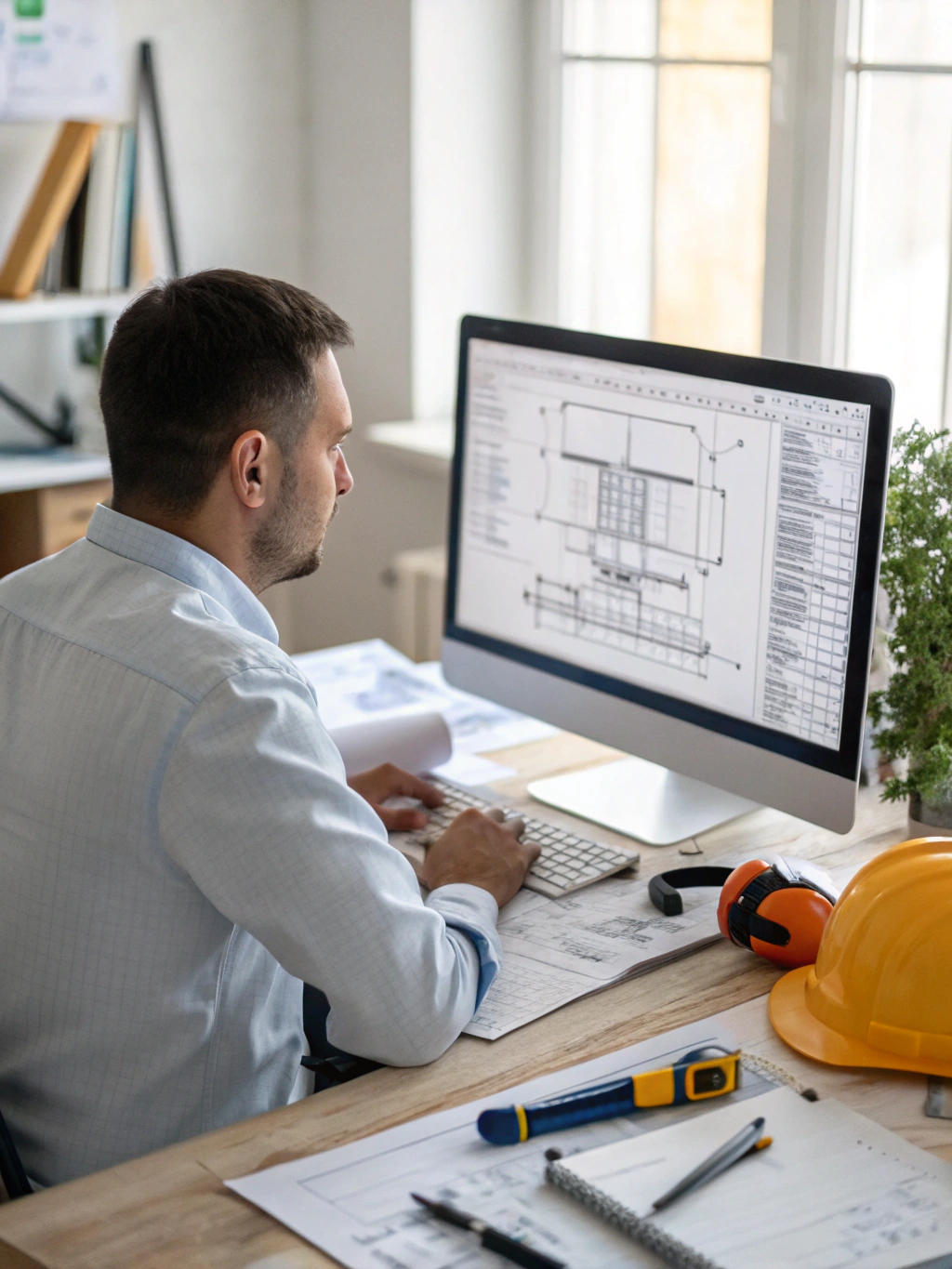Engineer reviewing a 3D CAD model of a complex sheet metal assembly