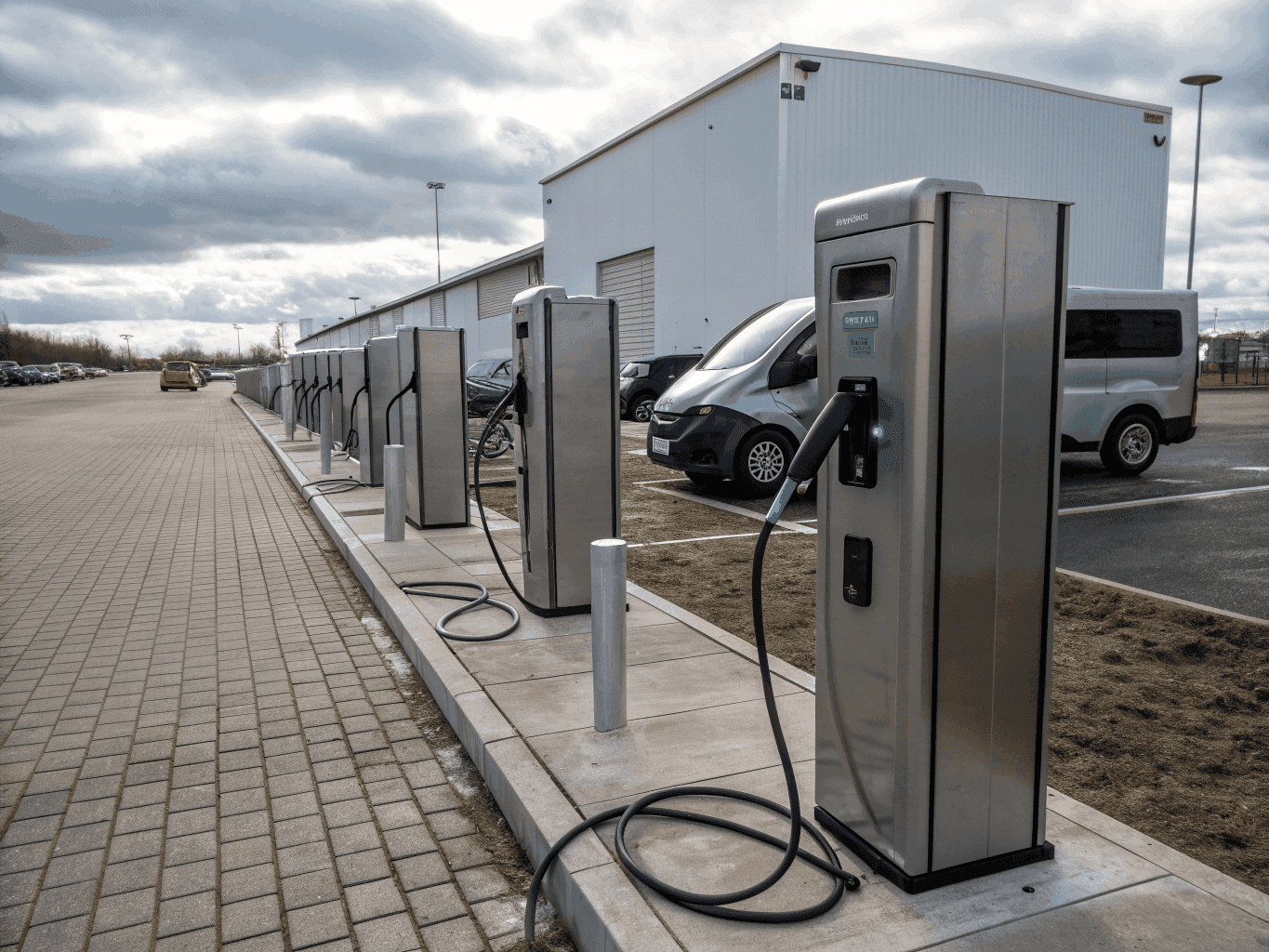 Compact outdoor dual-wall battery cabinet adjacent to electric vehicle fast charging dispensers