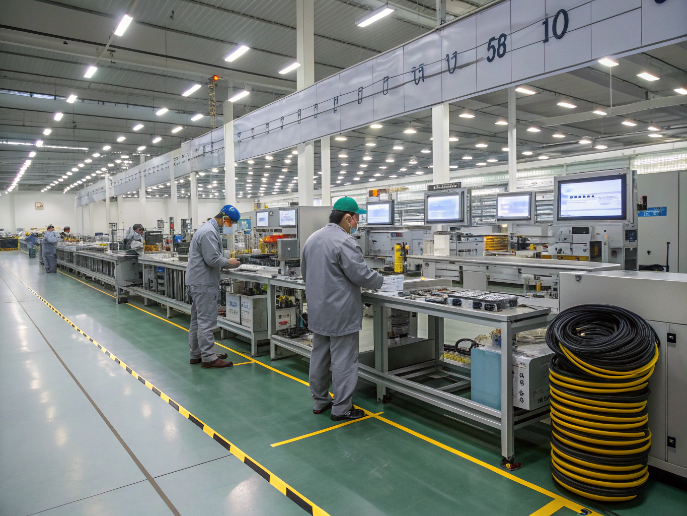 Technicians assembling complex metal components on production line