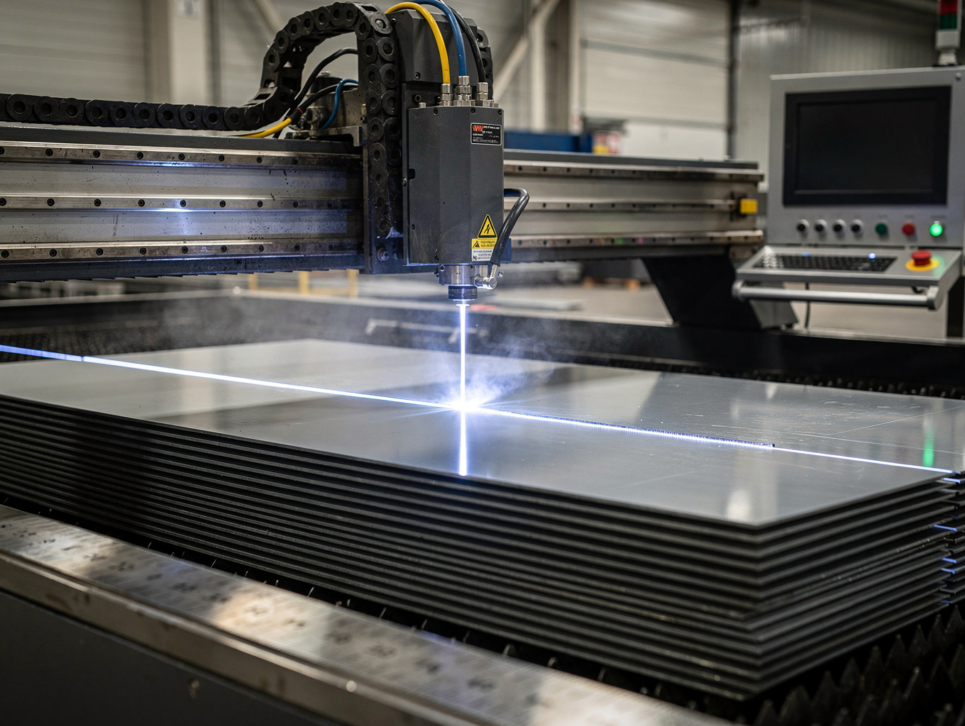 High-precision laser cutting metal sheet in industrial facility