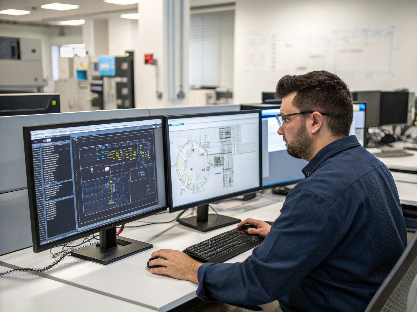 Engineer reviewing a complex 3D CAD model on a high-resolution workstation