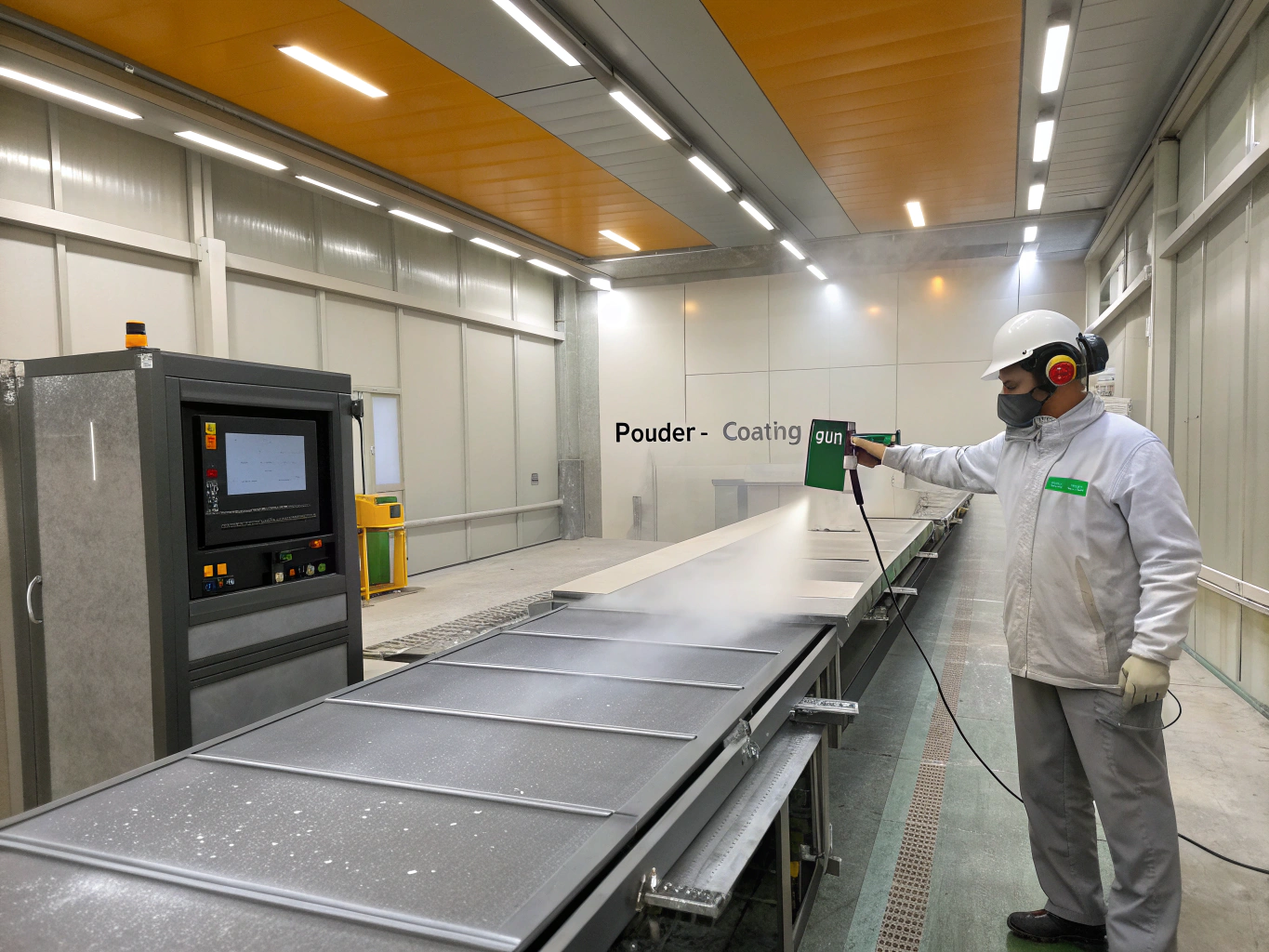 Metal parts moving through an automated powder coating finishing line
