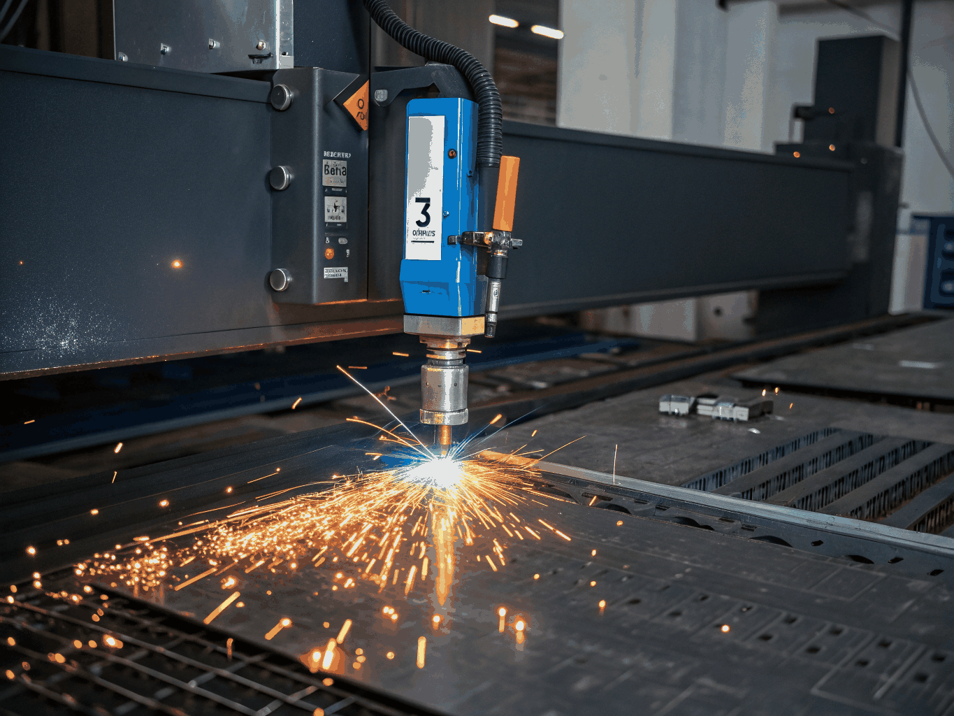 Fiber laser cutting head processing a sheet of stainless steel with precision