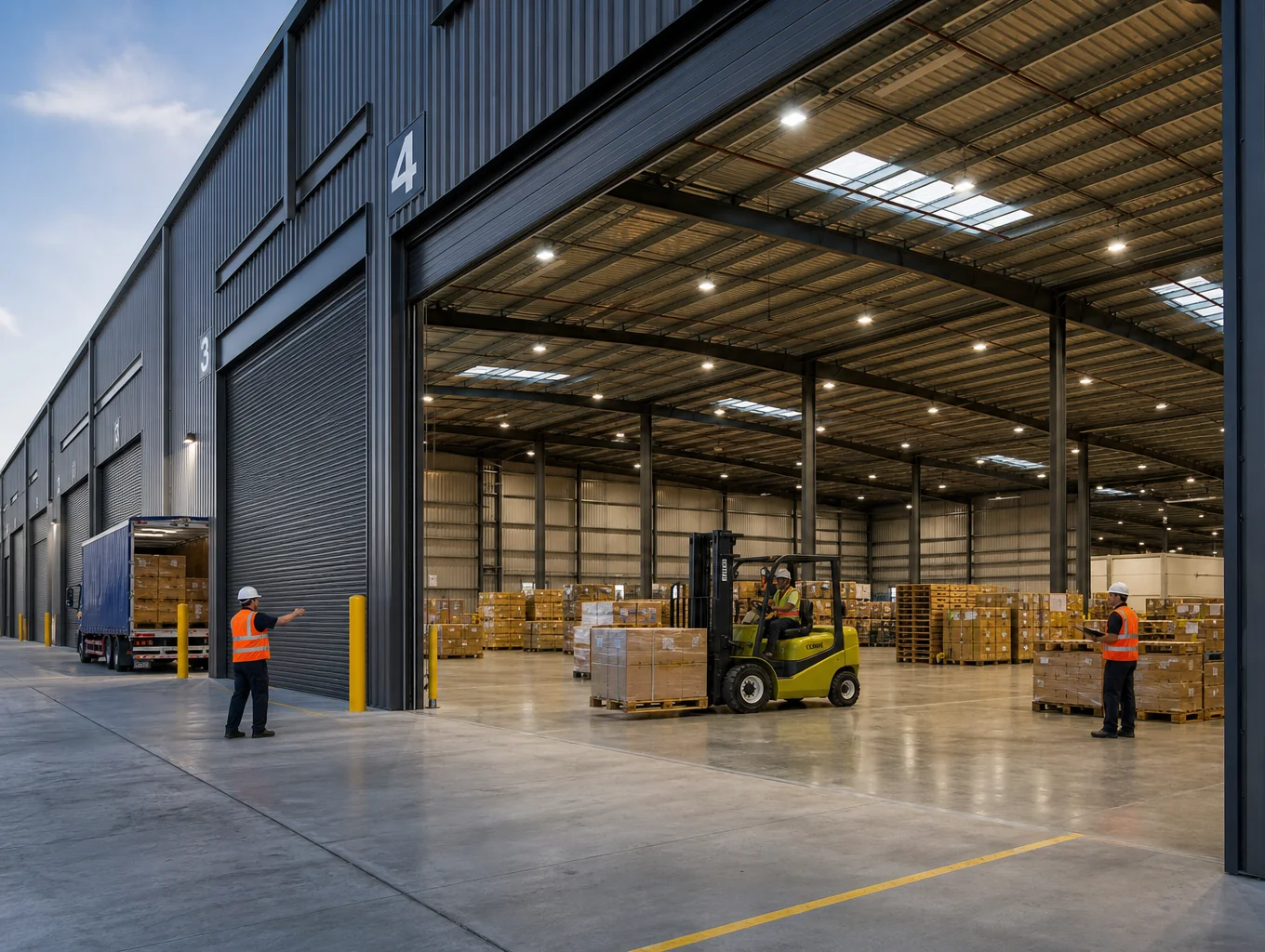 Palletized metal components being prepared for international shipping