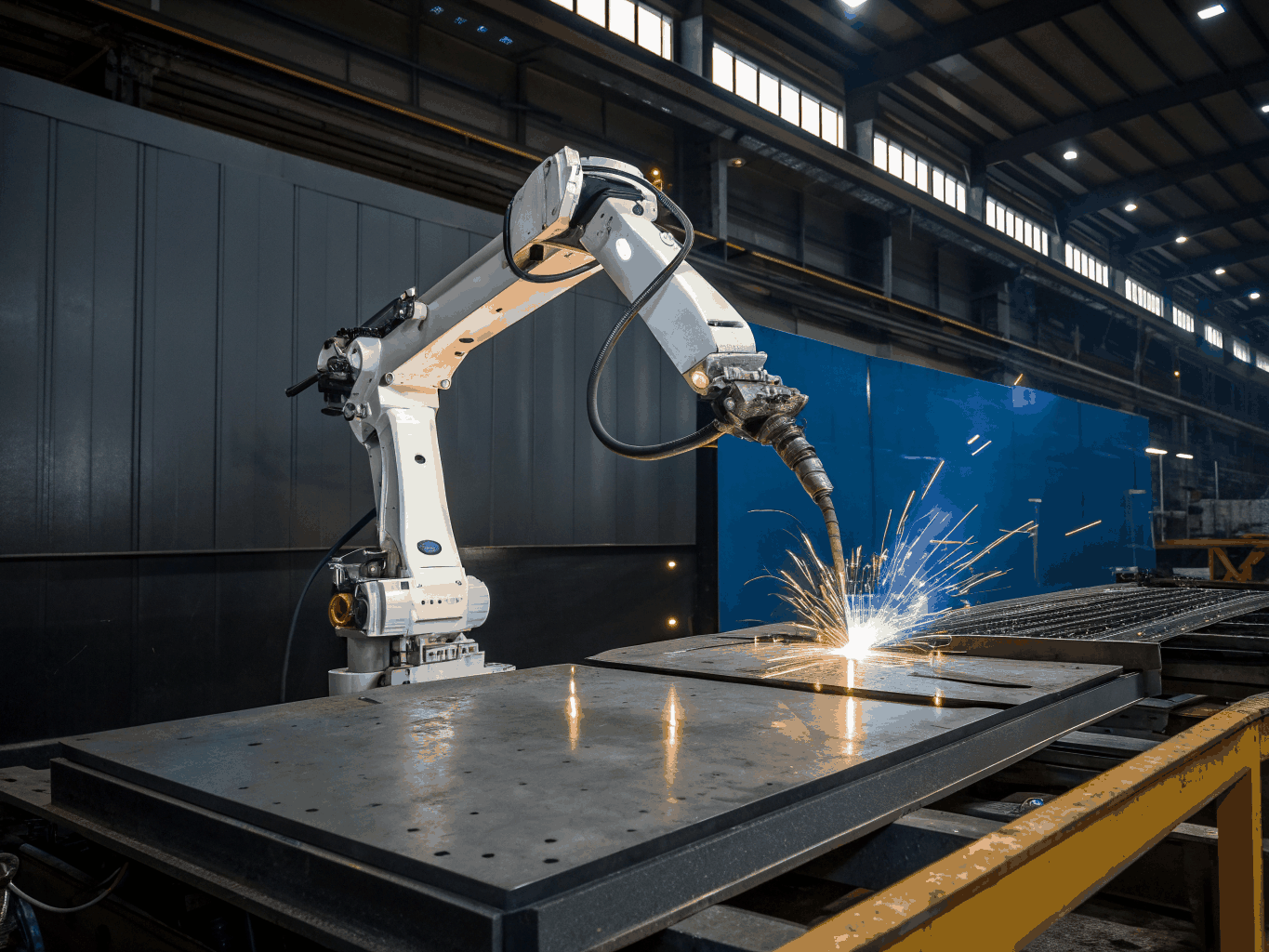 Robotic welding arm performing precise seam weld on steel
