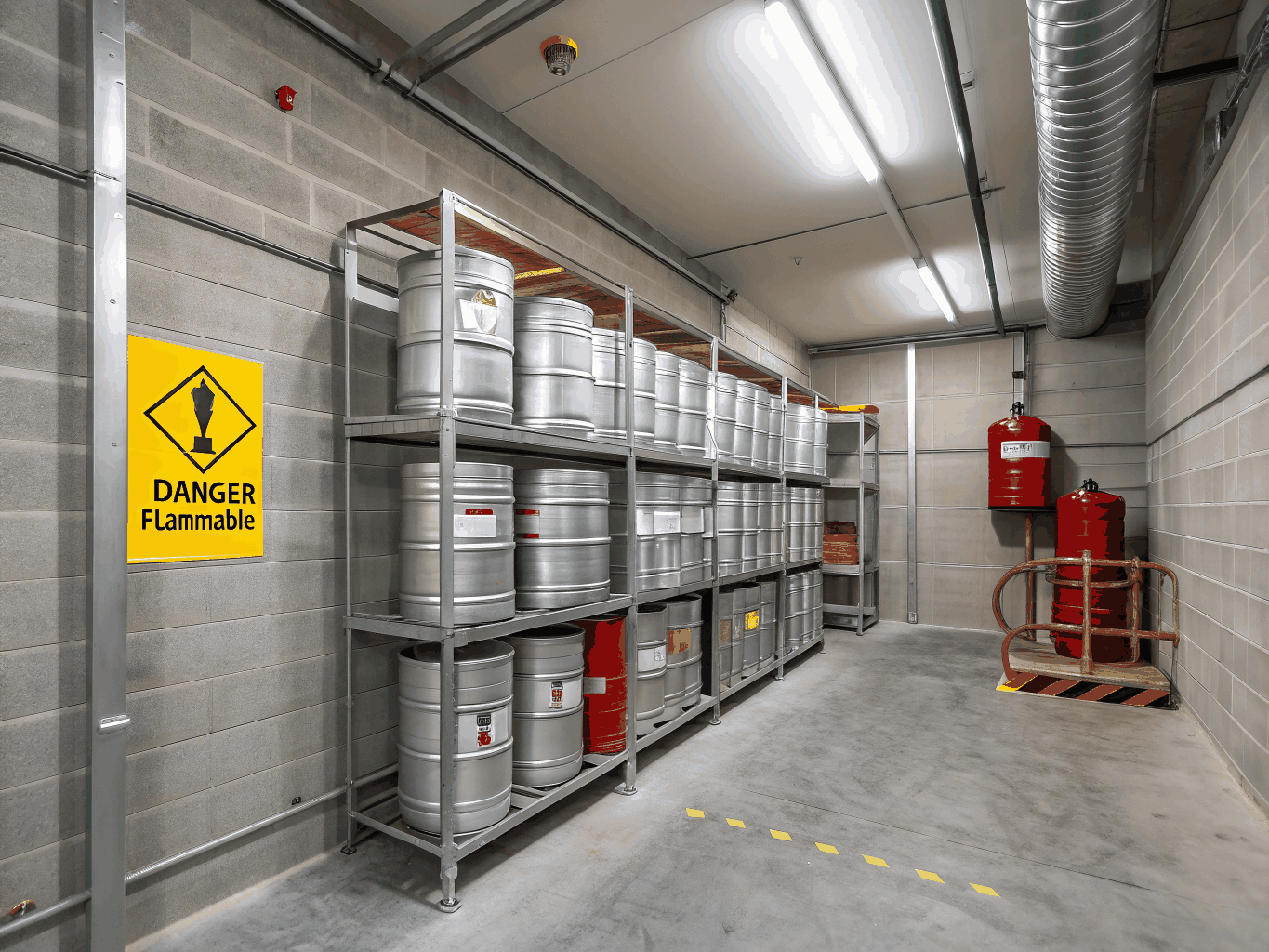 Interior of fireproof storage cabinet showcasing adjustable steel shelving and leak-proof containment sump