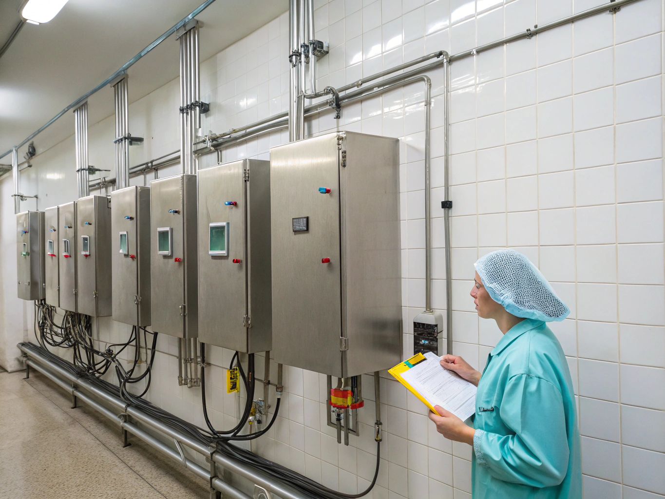 Stainless steel electrical control cabinet in food processing facility