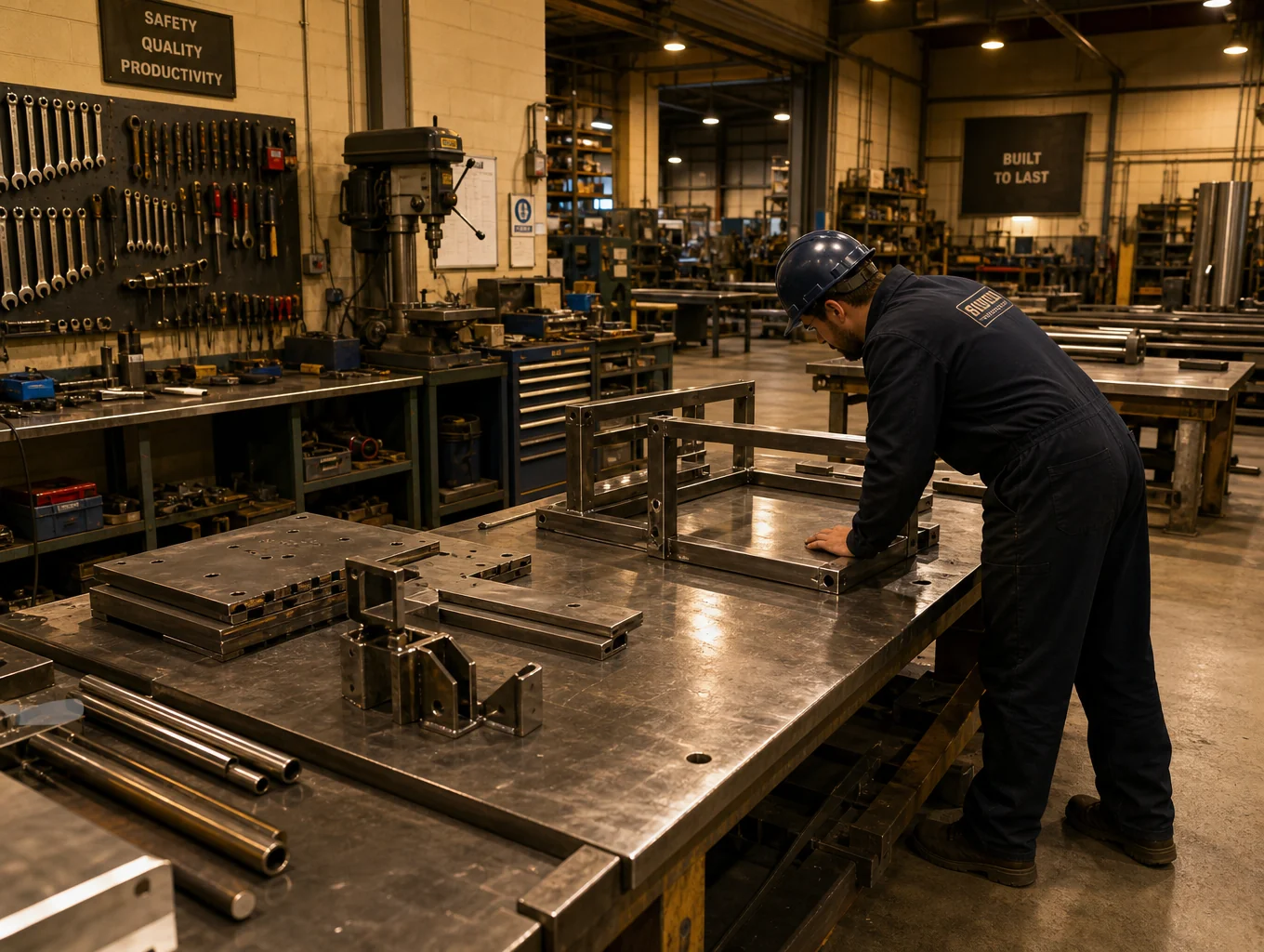 Technician assembling a large-scale custom metal electrical enclosure