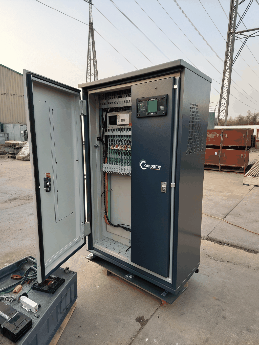Documentary style shot of a heavy-gauge welded industrial enclosure with precision IP-rated door seals under low-key lighting