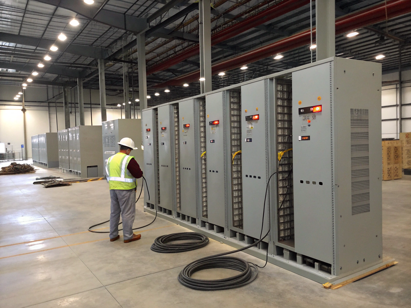 Heavy gauge indoor industrial UPS battery storage cabinet with status monitoring screens