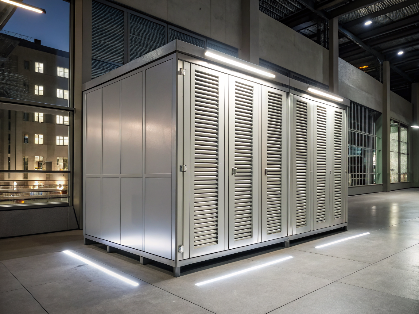 Precision metal energy storage cabinet chassis showing welded seams and powder coated finish