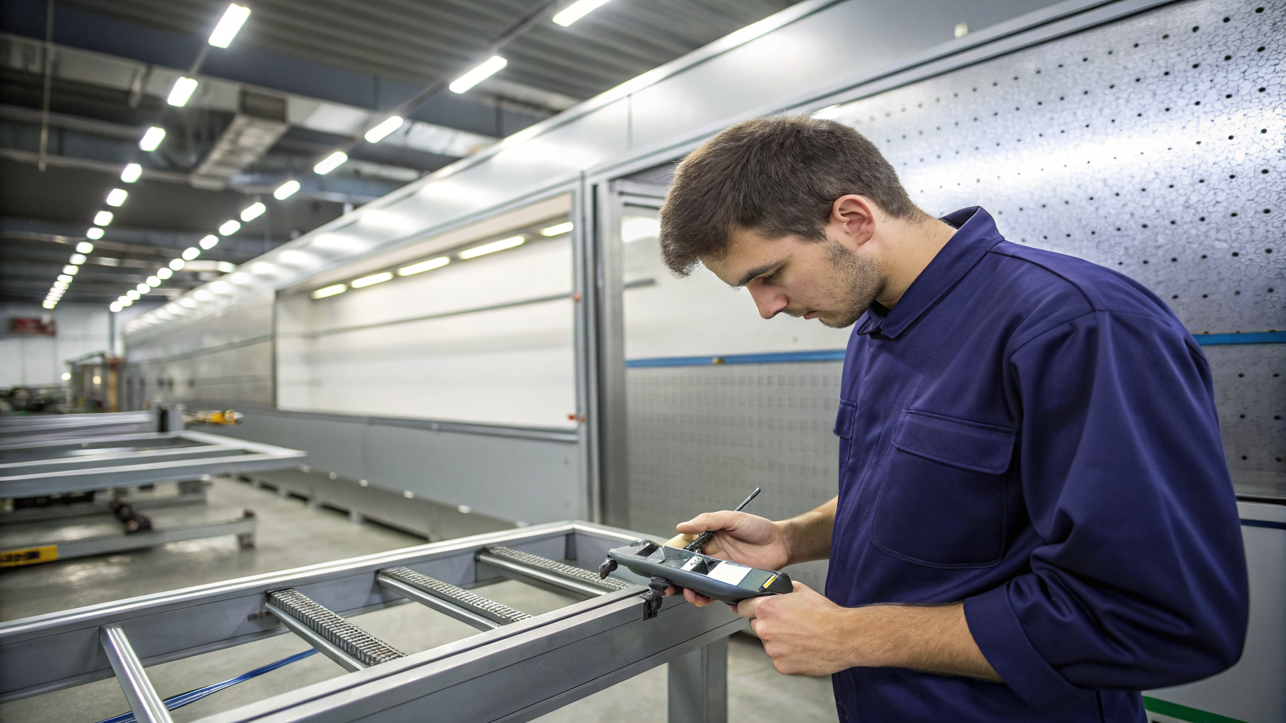 Technician inspecting a precision-cut metal component with digital calipers