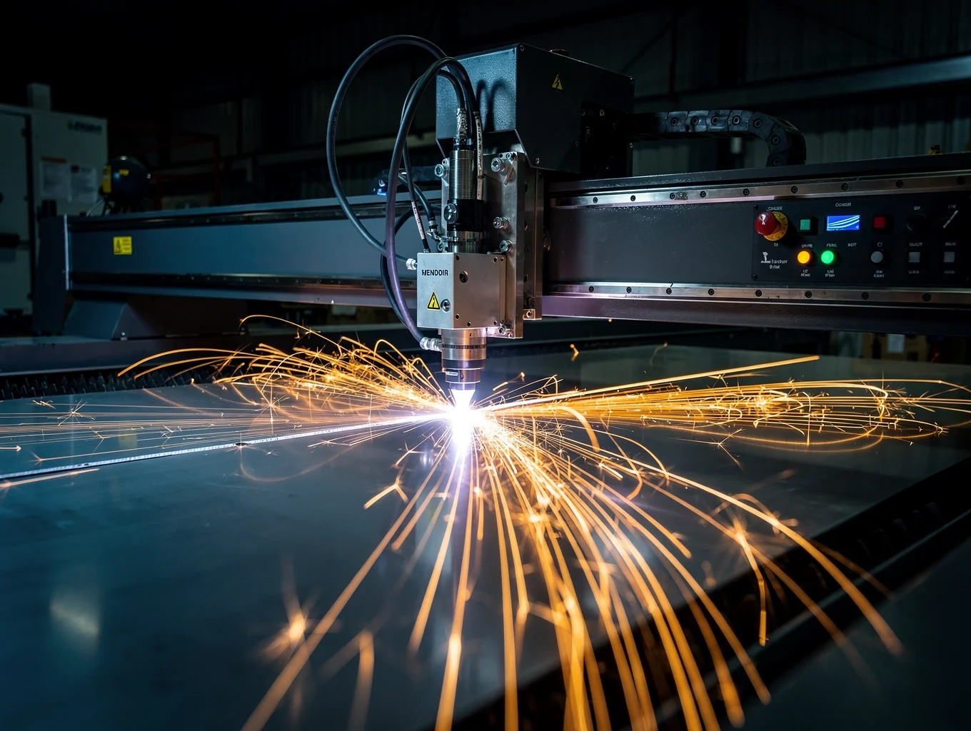 High-precision laser cutting machine processing a sheet of industrial metal