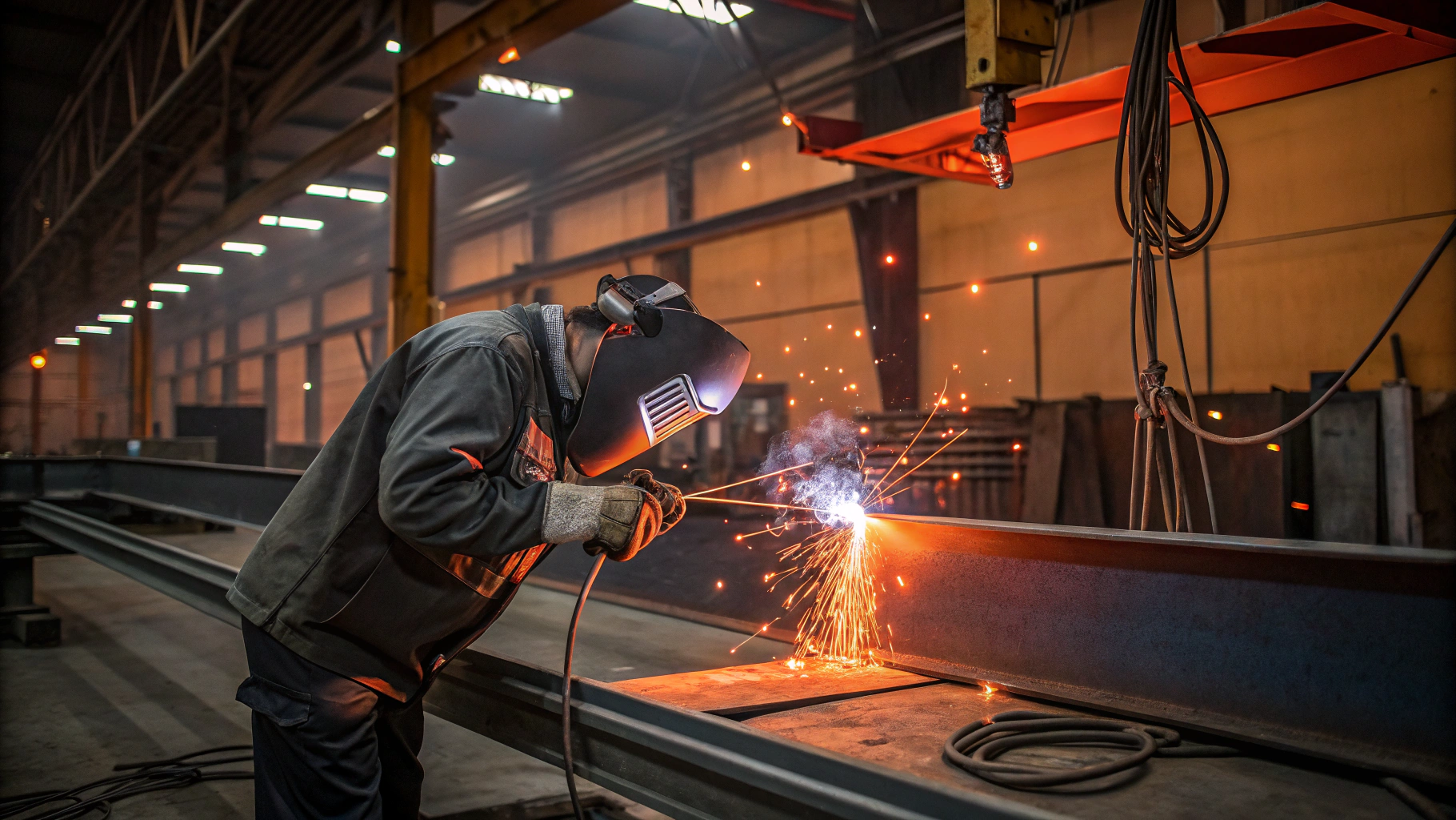 Industrial MIG welding process on structural steel assembly