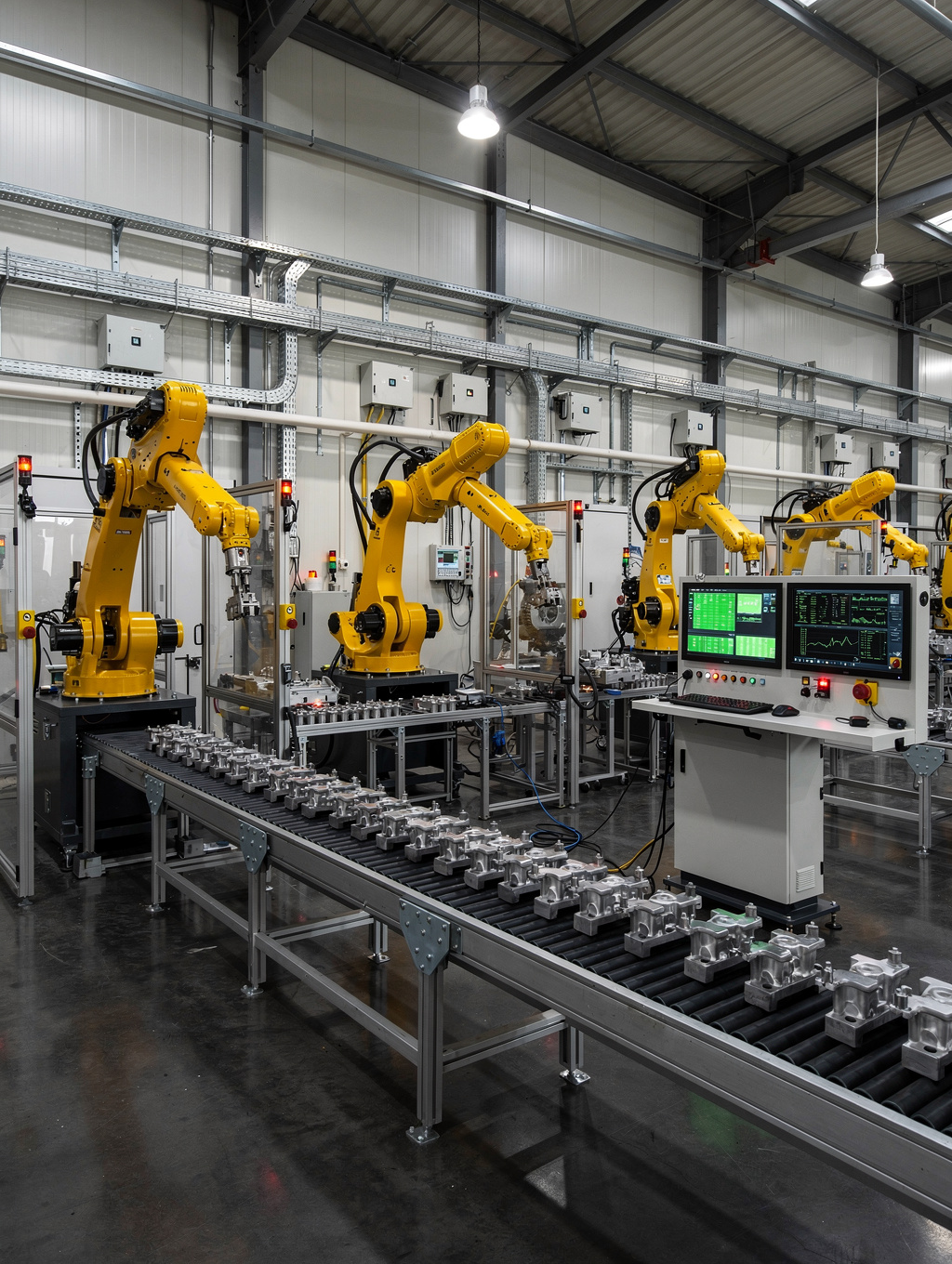 Automated production line manufacturing custom metal parts for industrial clients