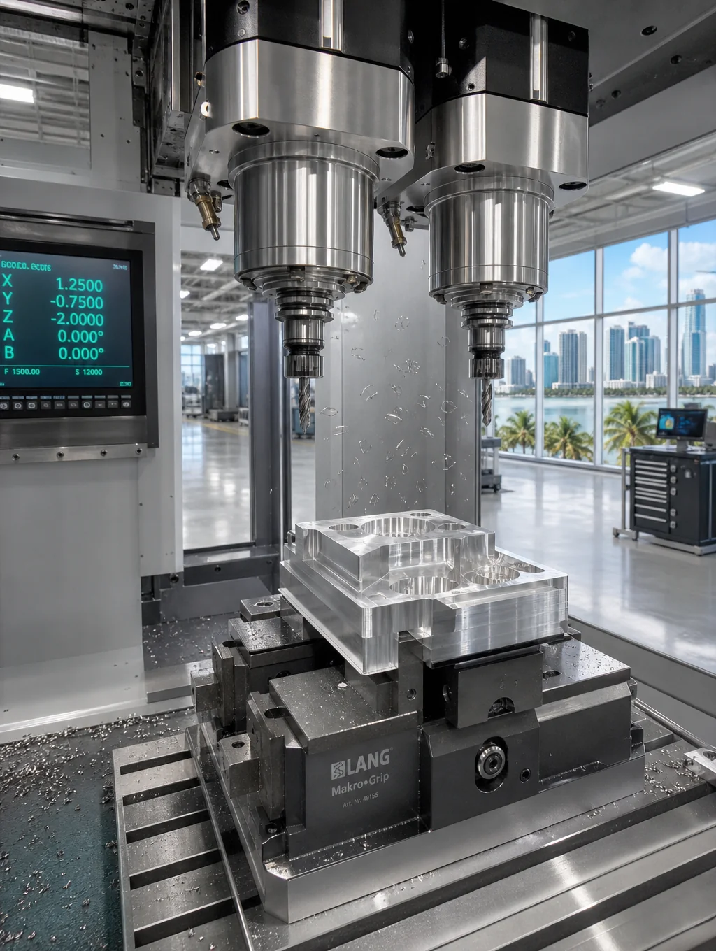Technicians operating high-precision CNC metal fabrication machinery in a clean industrial facility