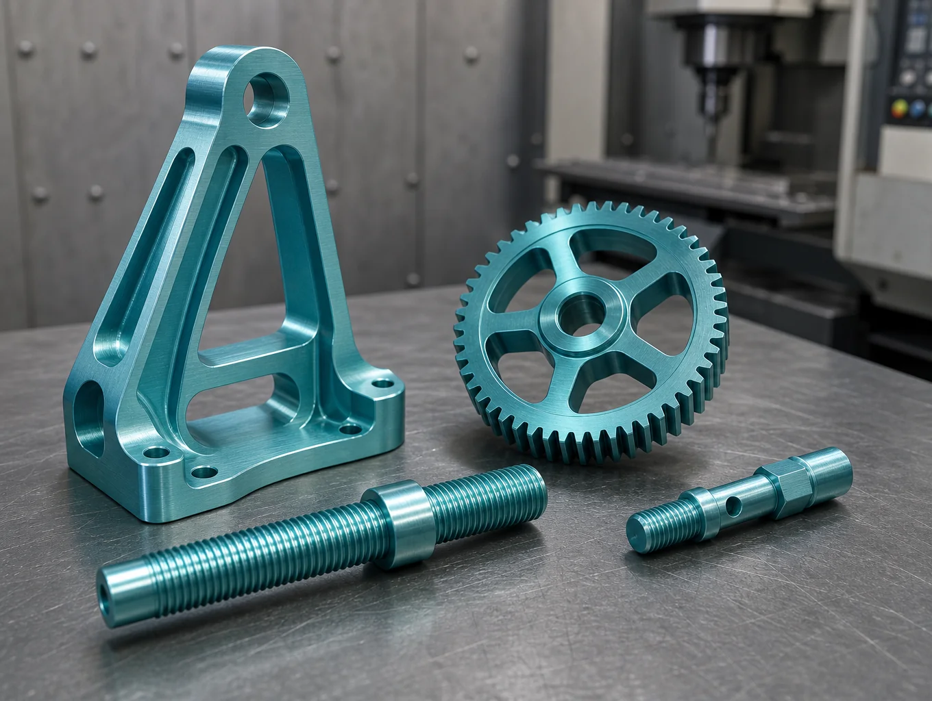 High-precision CNC metal components arranged on a clean industrial workbench
