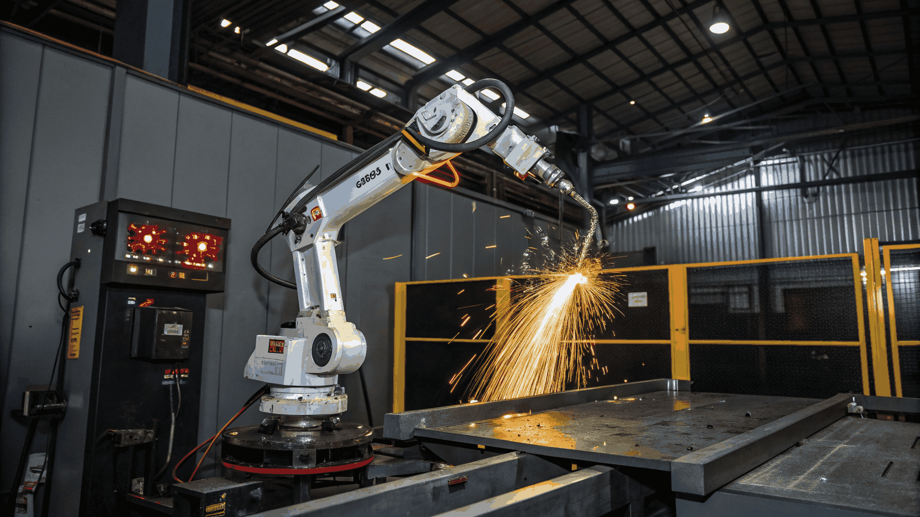 Automated 6-axis robotic welding arm operating on metal enclosure
