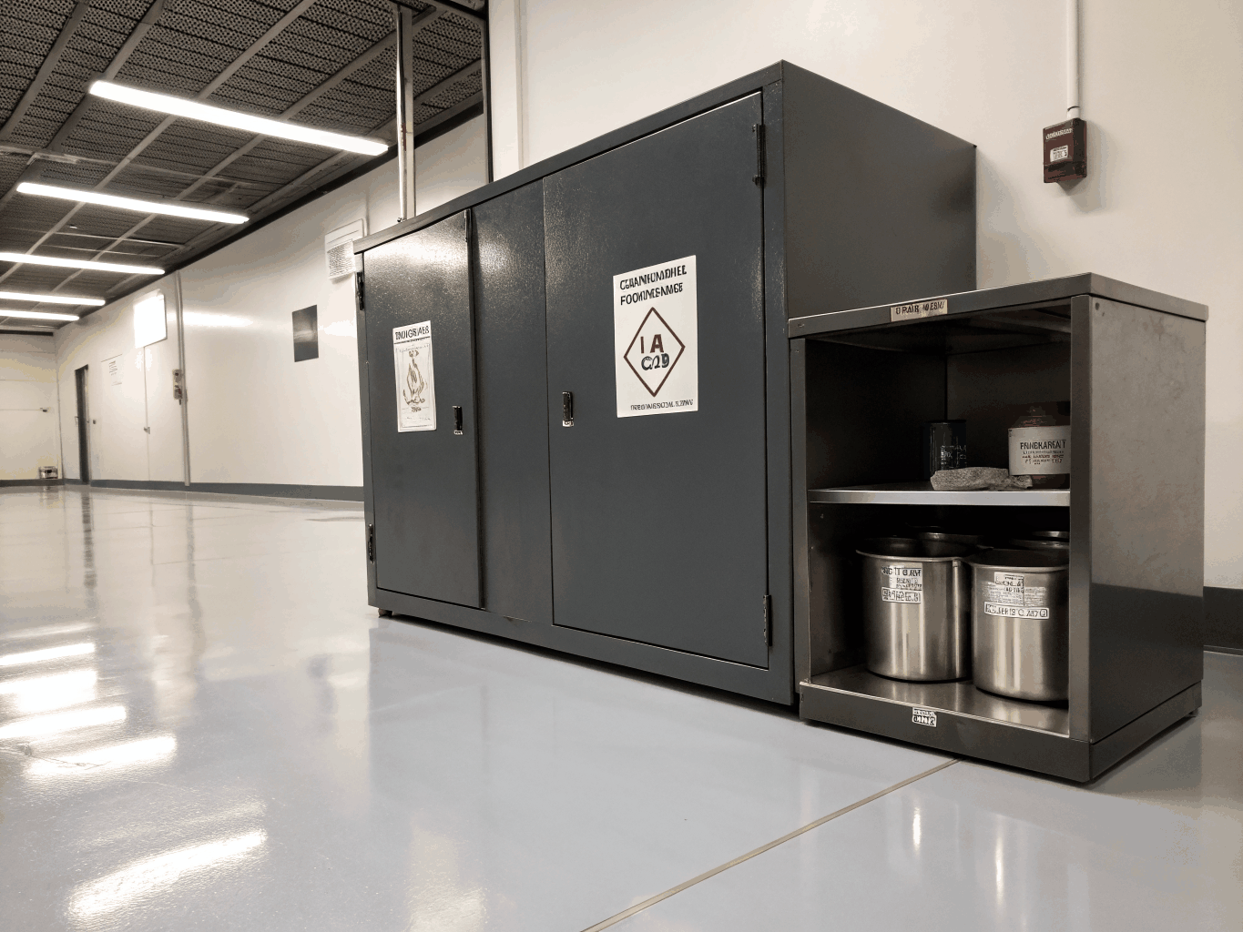Custom fabricated steel chemical storage cabinet with ventilation ports and leak-proof sump tray