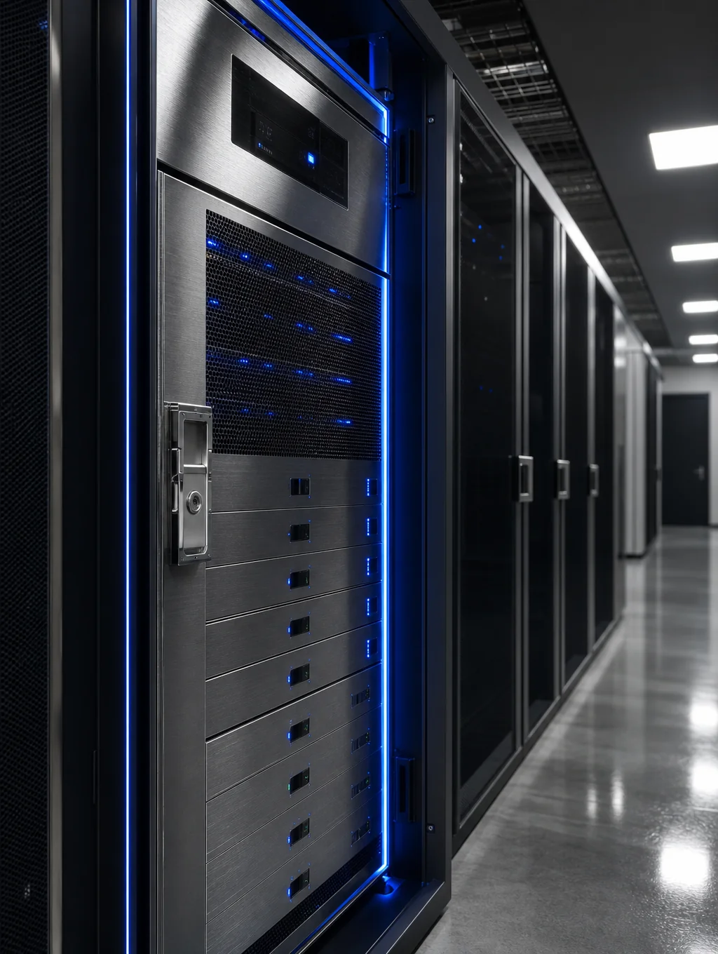 Front perspective view of 48U server rack enclosure with lockable mesh door