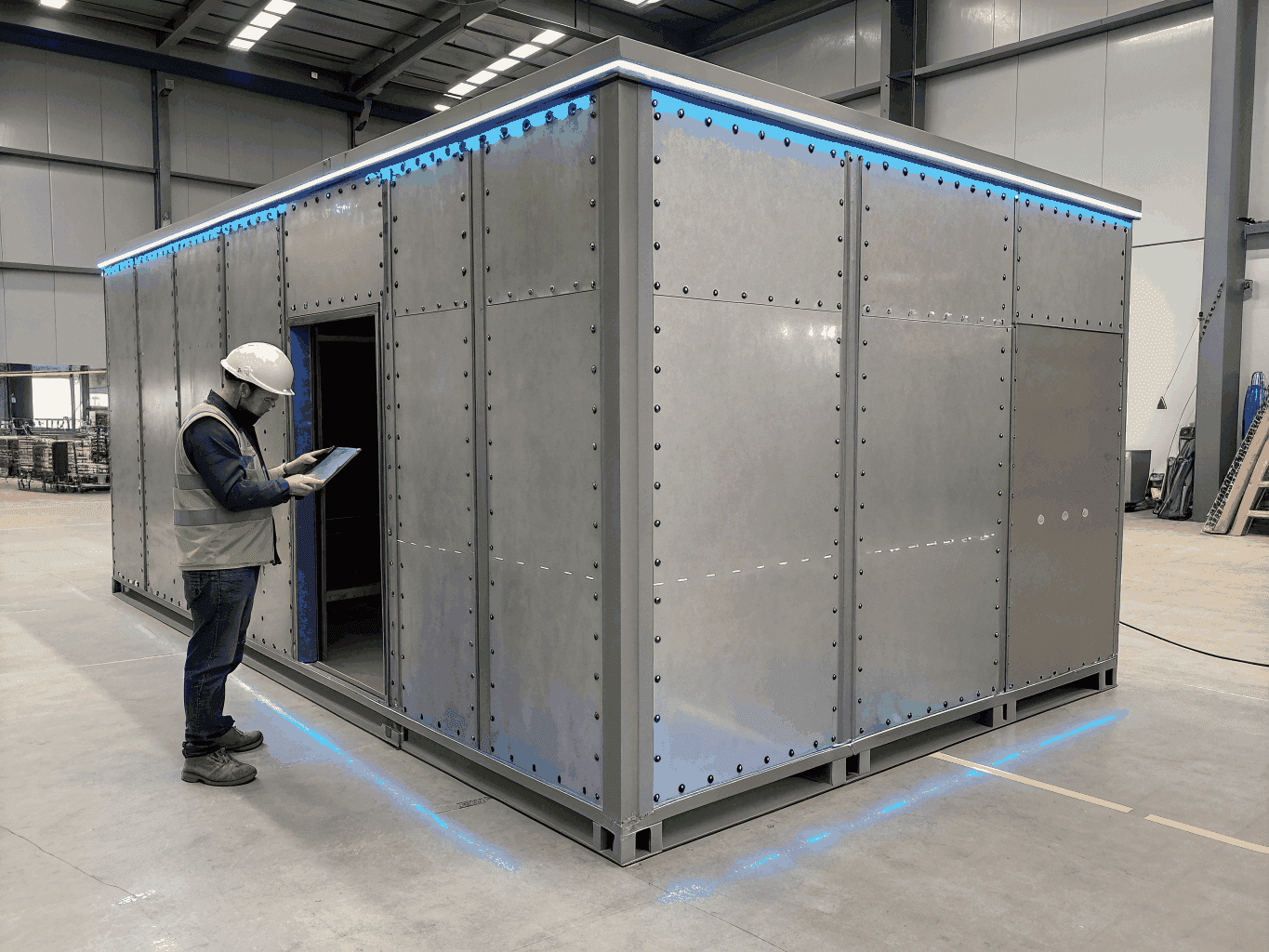 Precision fabricated metal waterproof TV enclosure undergoing factory testing