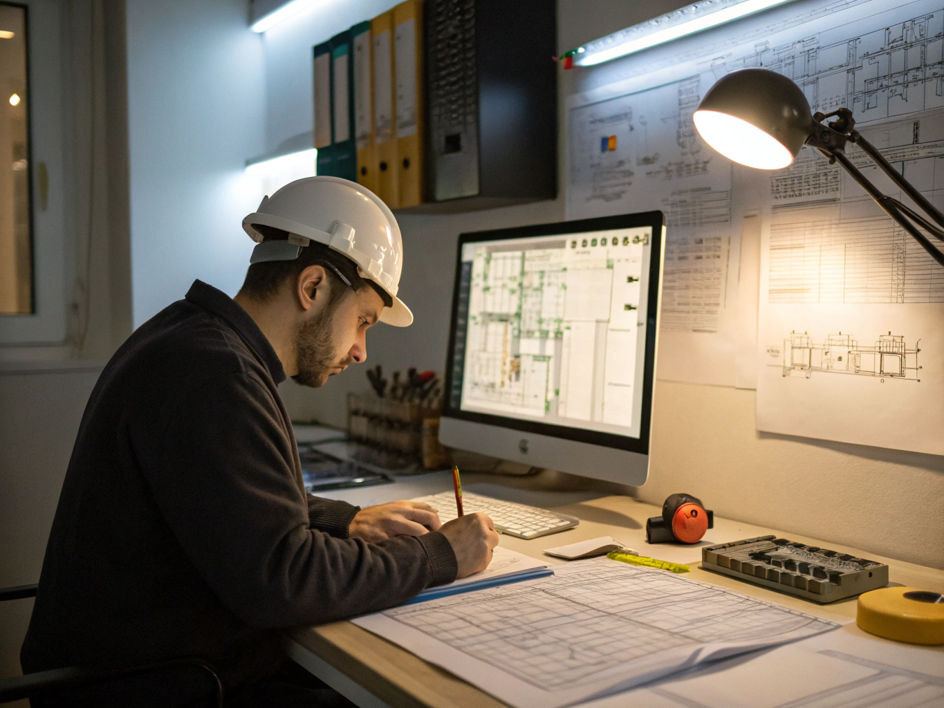 Technical engineering blueprints and CAD interface diagram