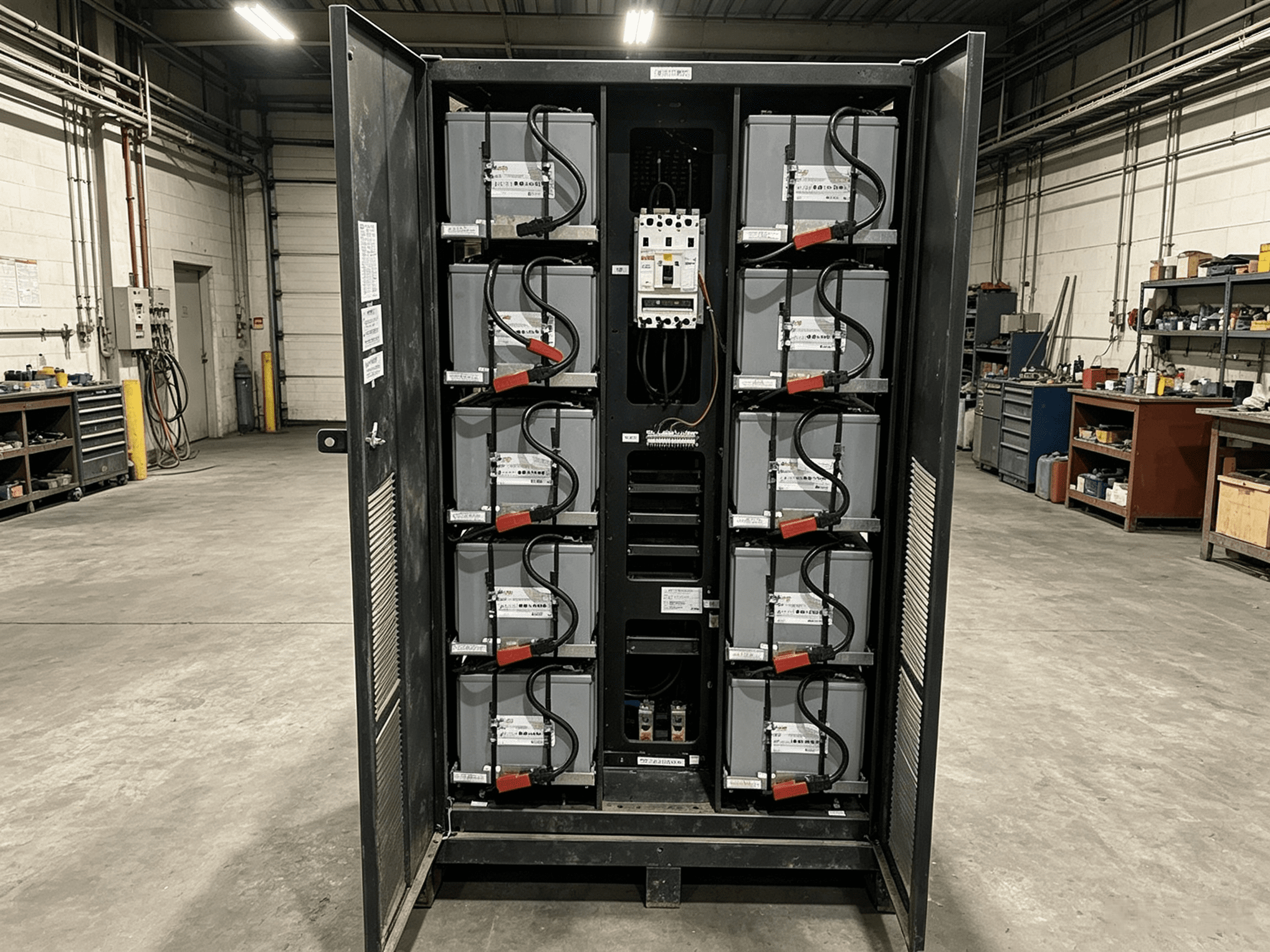 Open-door interior view of battery cabinet displaying 19-inch modular rack structure