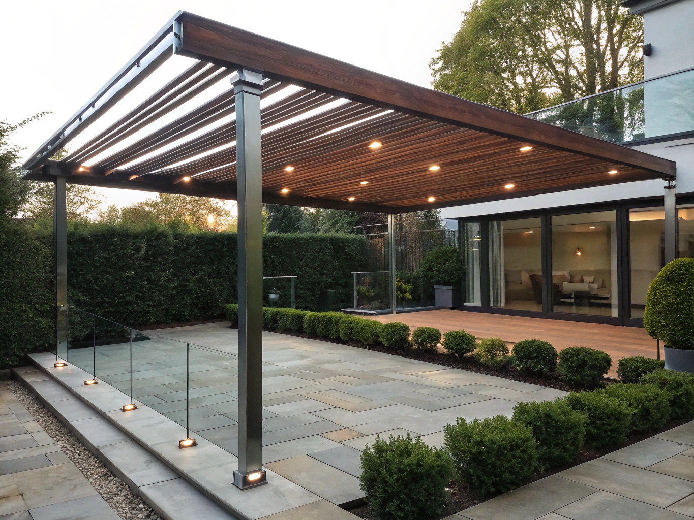 Custom fabricated metal architectural screens and outdoor enclosures in a residential patio