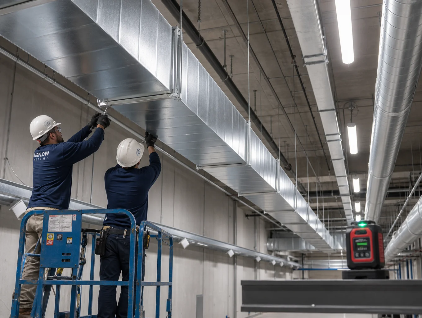 Commercial HVAC duct installation in large building
