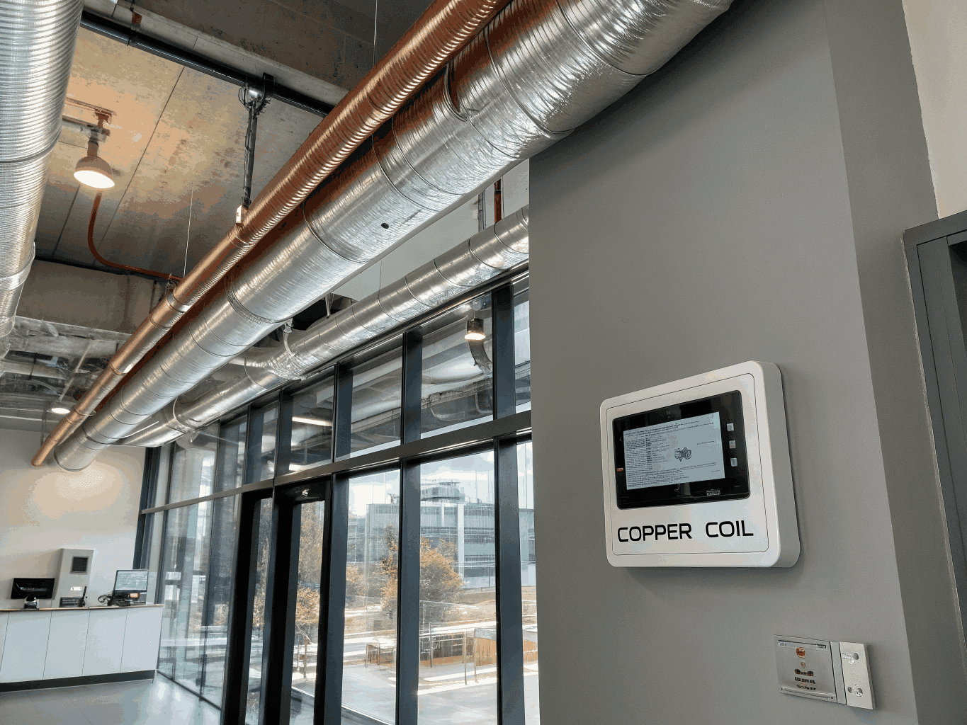 Commercial building HVAC ceiling ductwork and volume control dampers