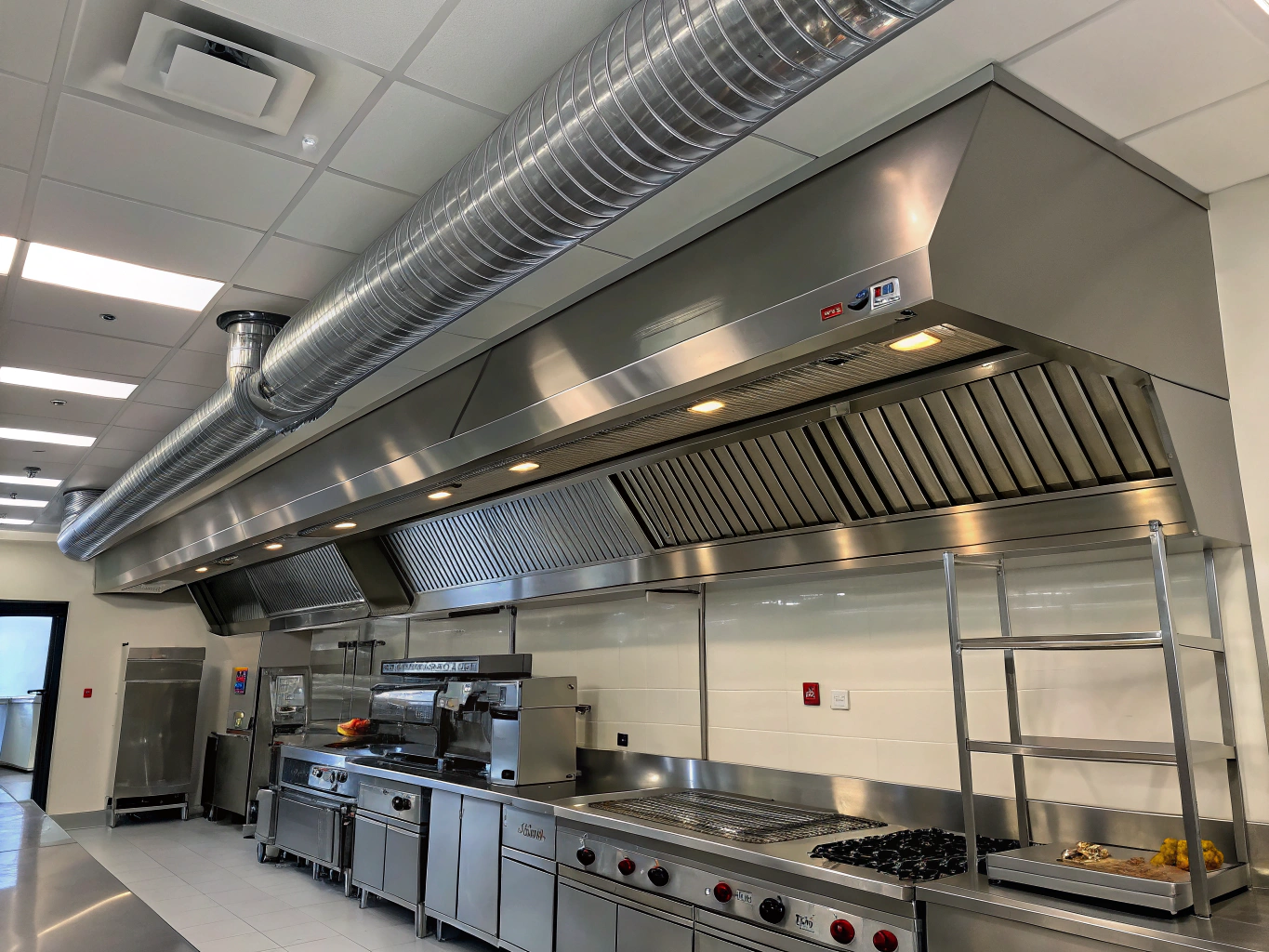 Commercial kitchen exhaust stainless ductwork with backdraft damper integration