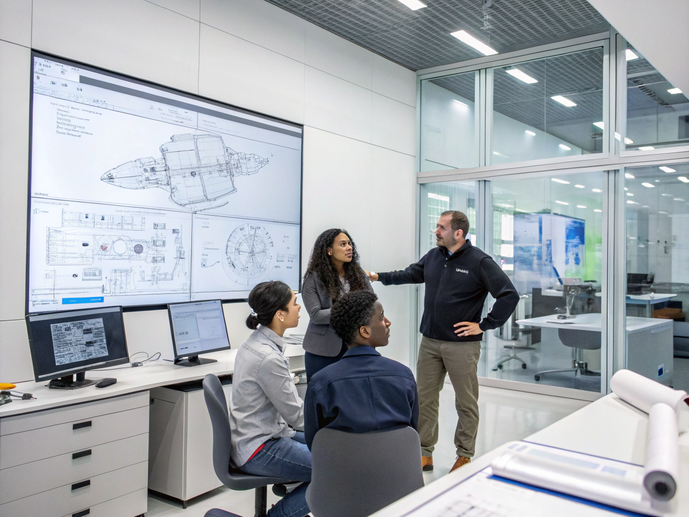 Engineers analyzing CAD models and technical blueprints for sheet metal parts