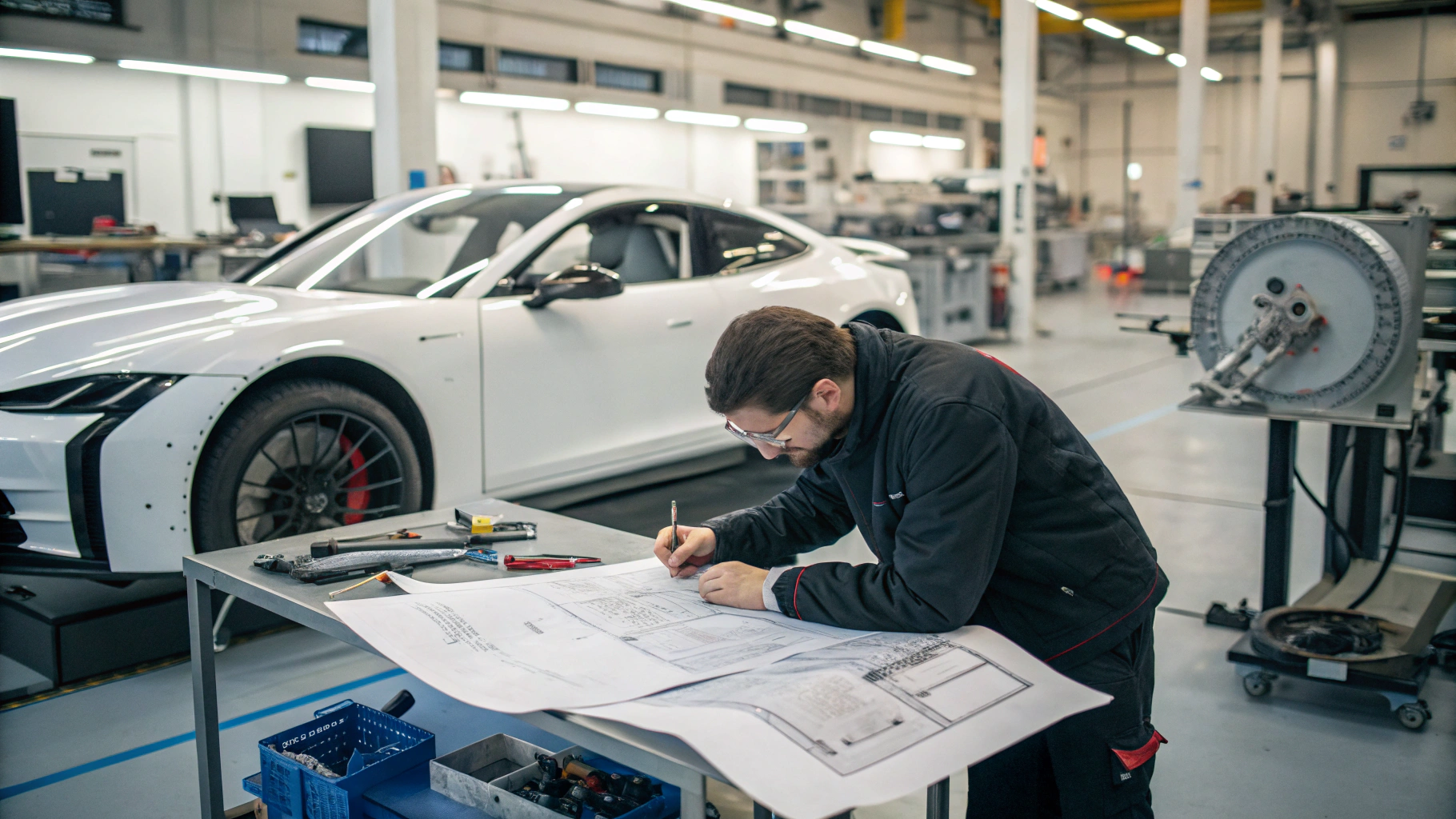 Engineer inspecting a prototype automotive body panel against CAD specifications