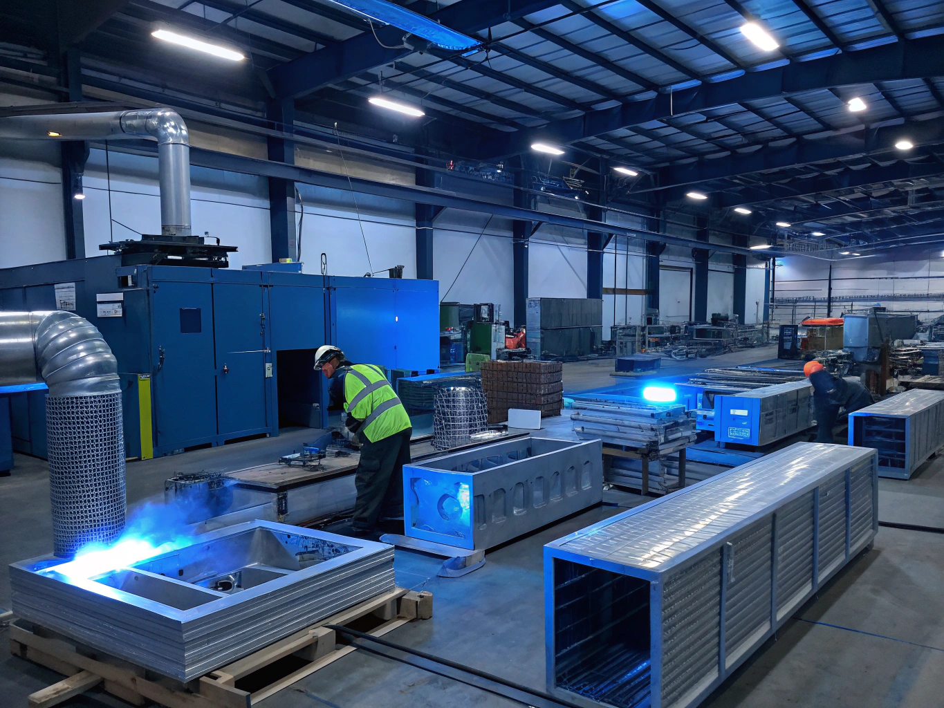 Galvanized HVAC ductwork assembled in manufacturing facility