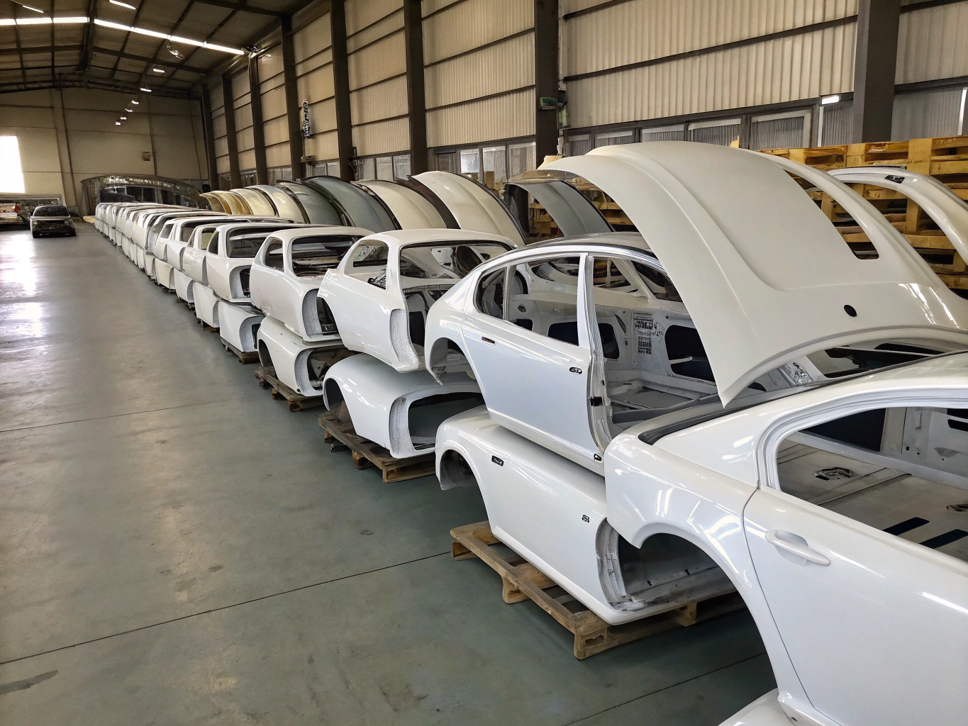 Finished powder-coated automotive body panels ready for shipment