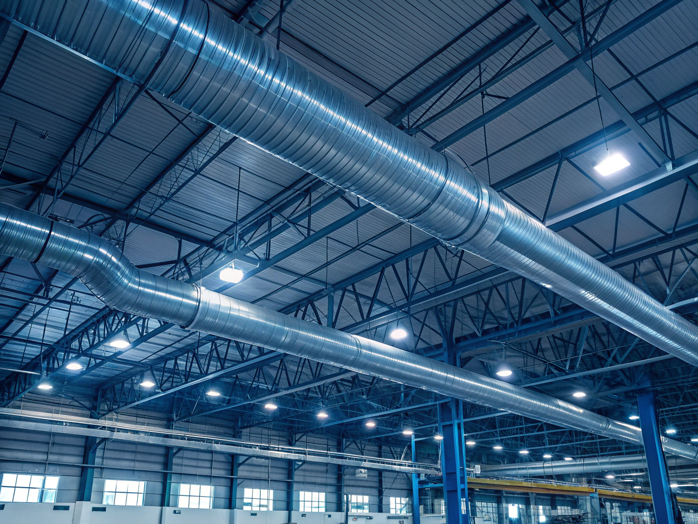 Round spiral lock sheet metal ventilation ducts stacked in manufacturing facility