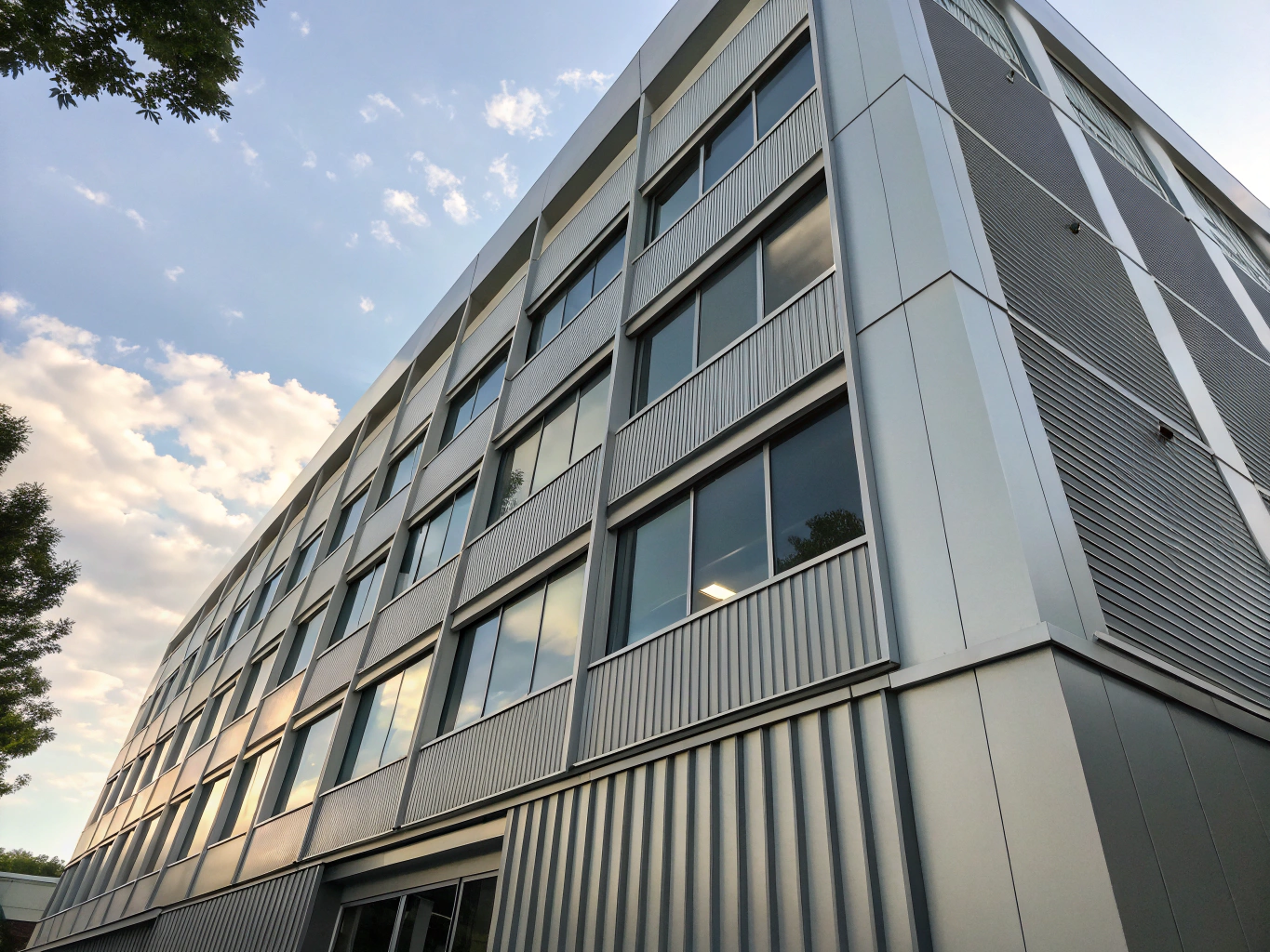 Commercial architecture featuring precision sheet metal flashings and louvers
