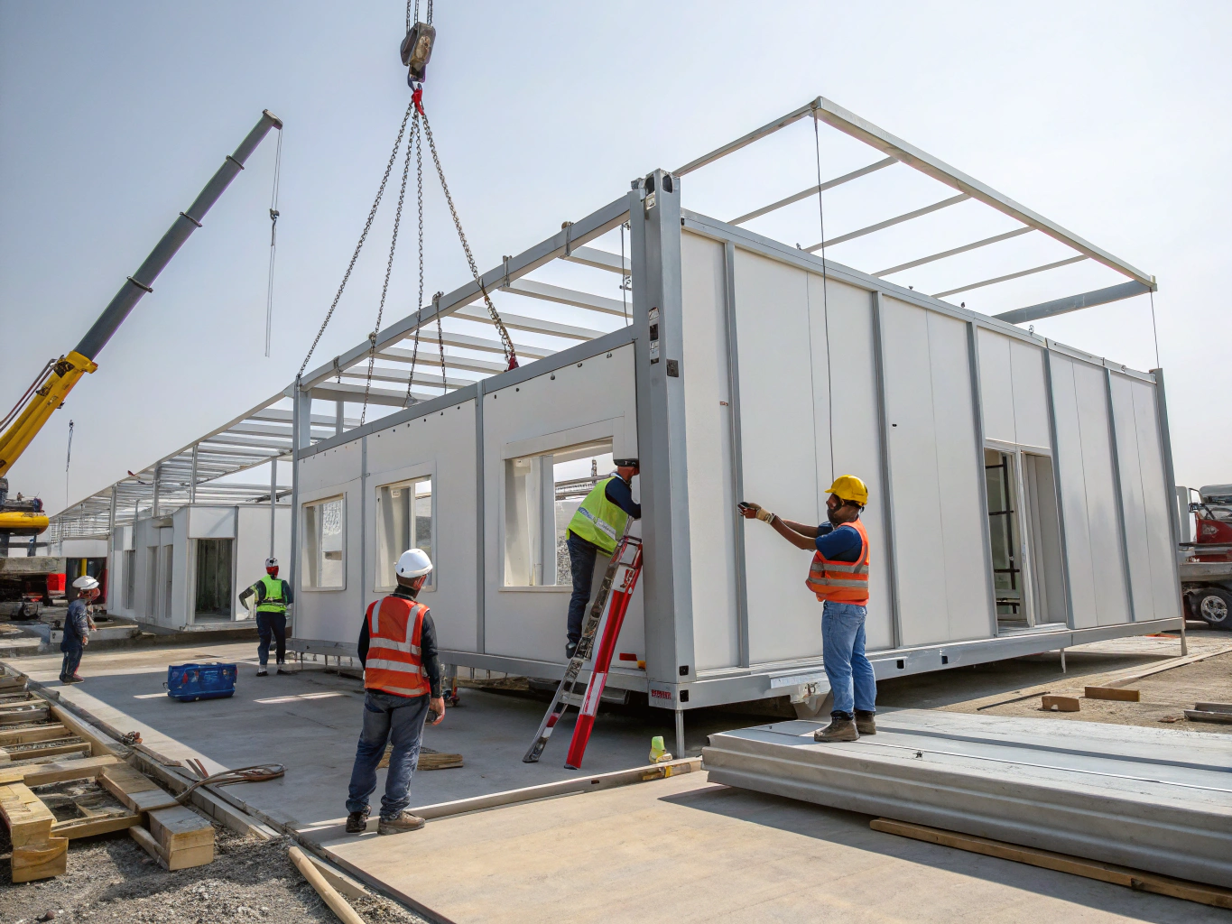 Prefabricated steel framing and connection brackets ready for modular building