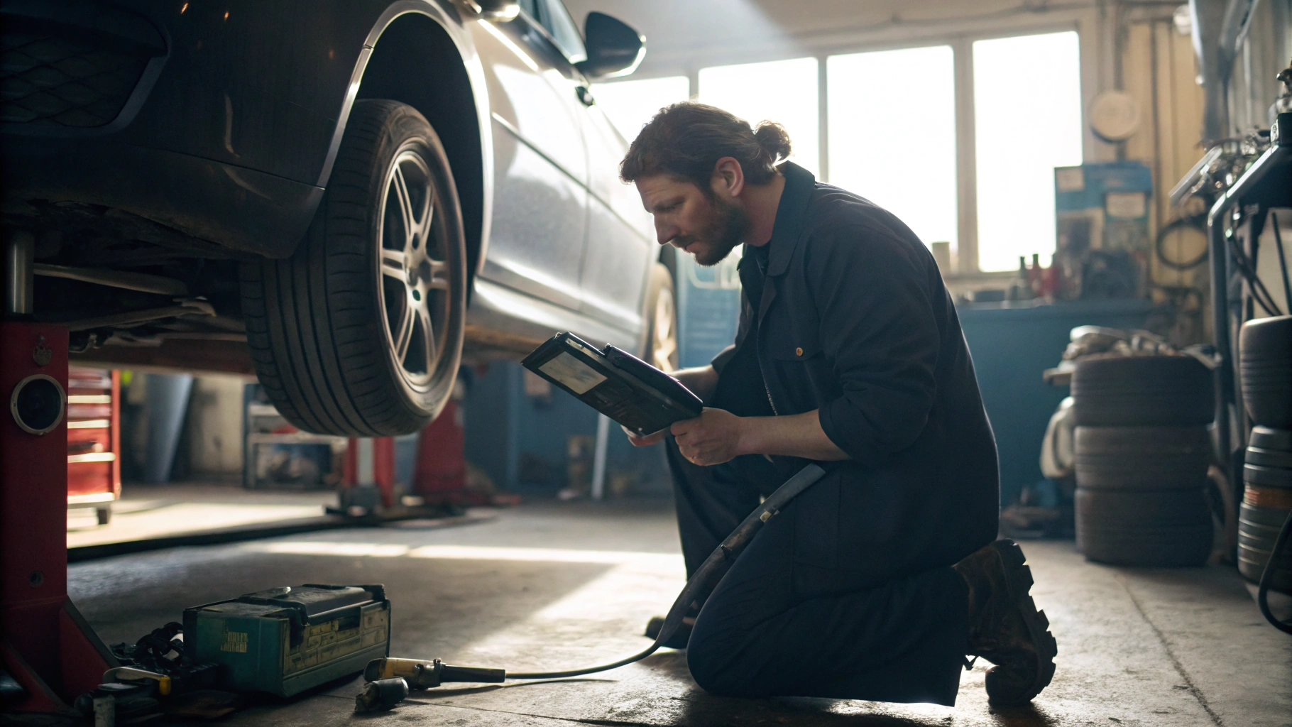 Technician fitting a replacement automotive body panel during collision repair
